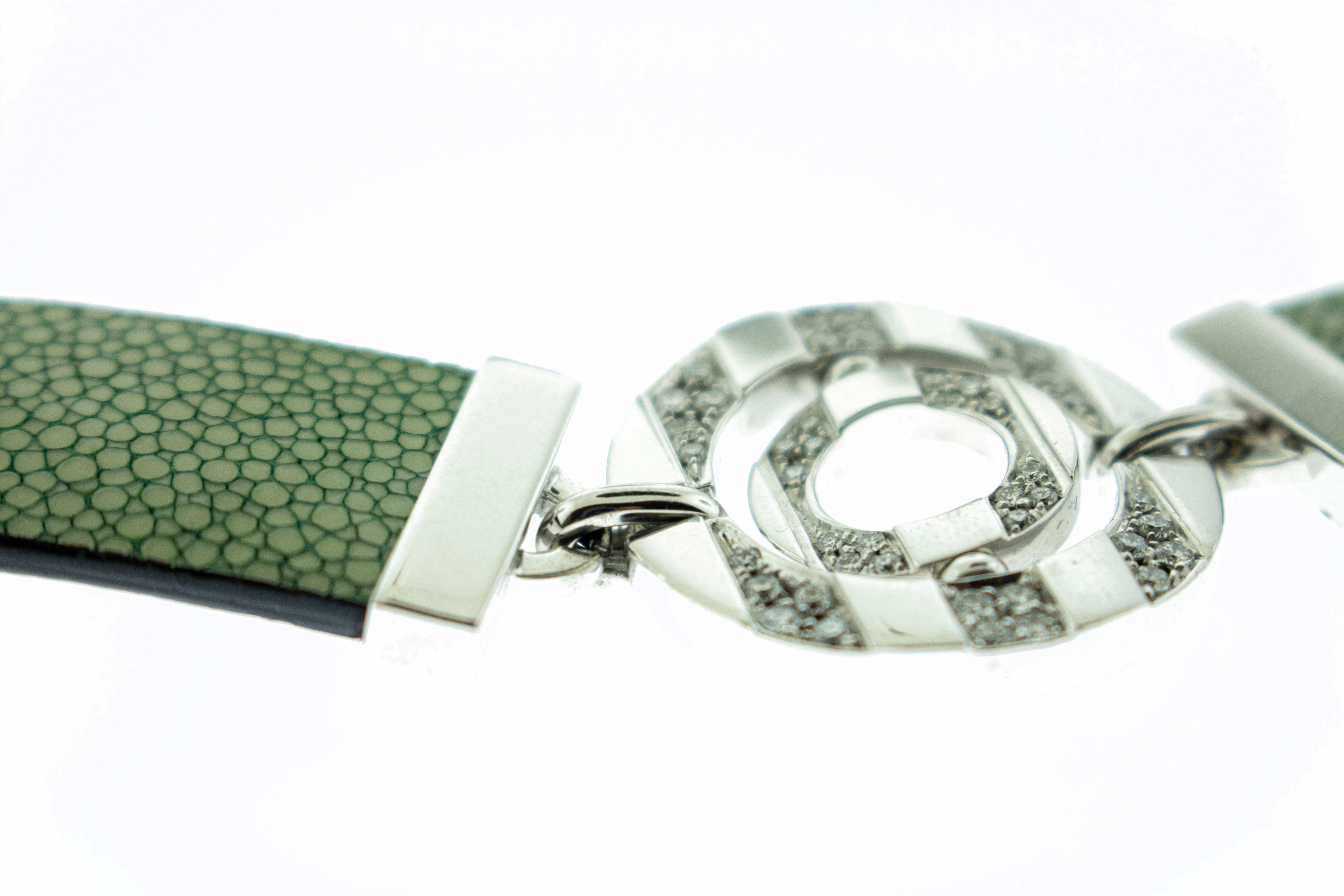 Bulgari Green Stingray Leather Diamond 18 Karat White Gold Necklace Bracelet Set 1