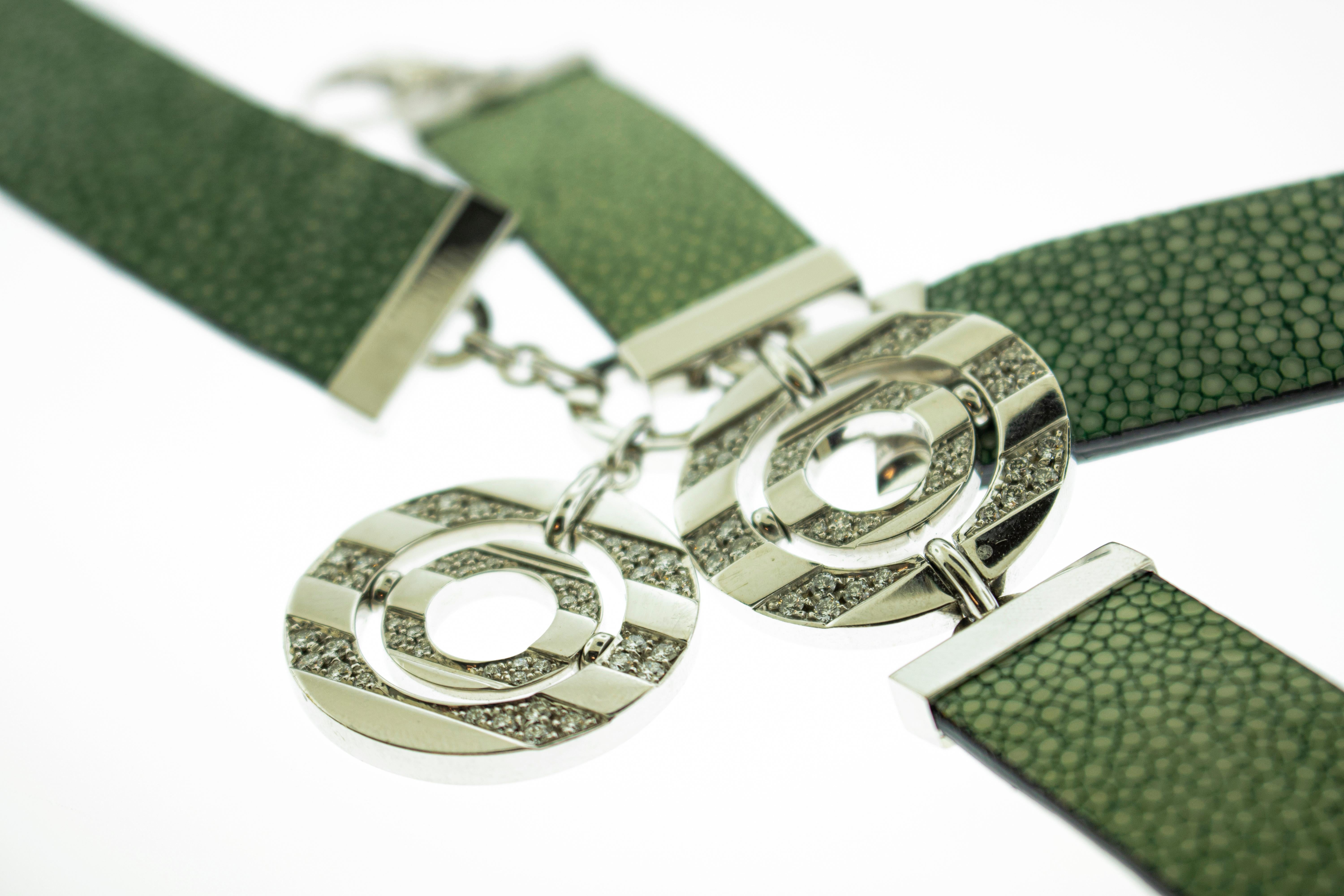 Bulgari Green Stingray Leather Diamond 18 Karat White Gold Necklace Bracelet Set 2