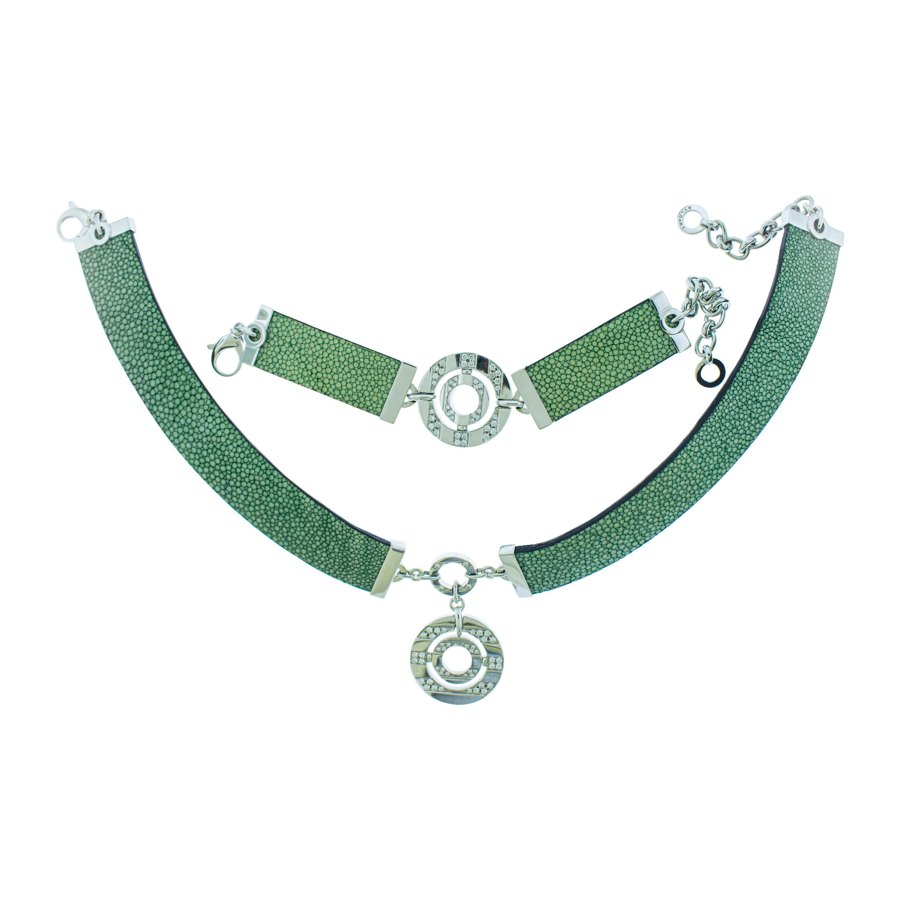 Bulgari Green Stingray Leather Diamond 18 Karat White Gold Necklace Bracelet Set