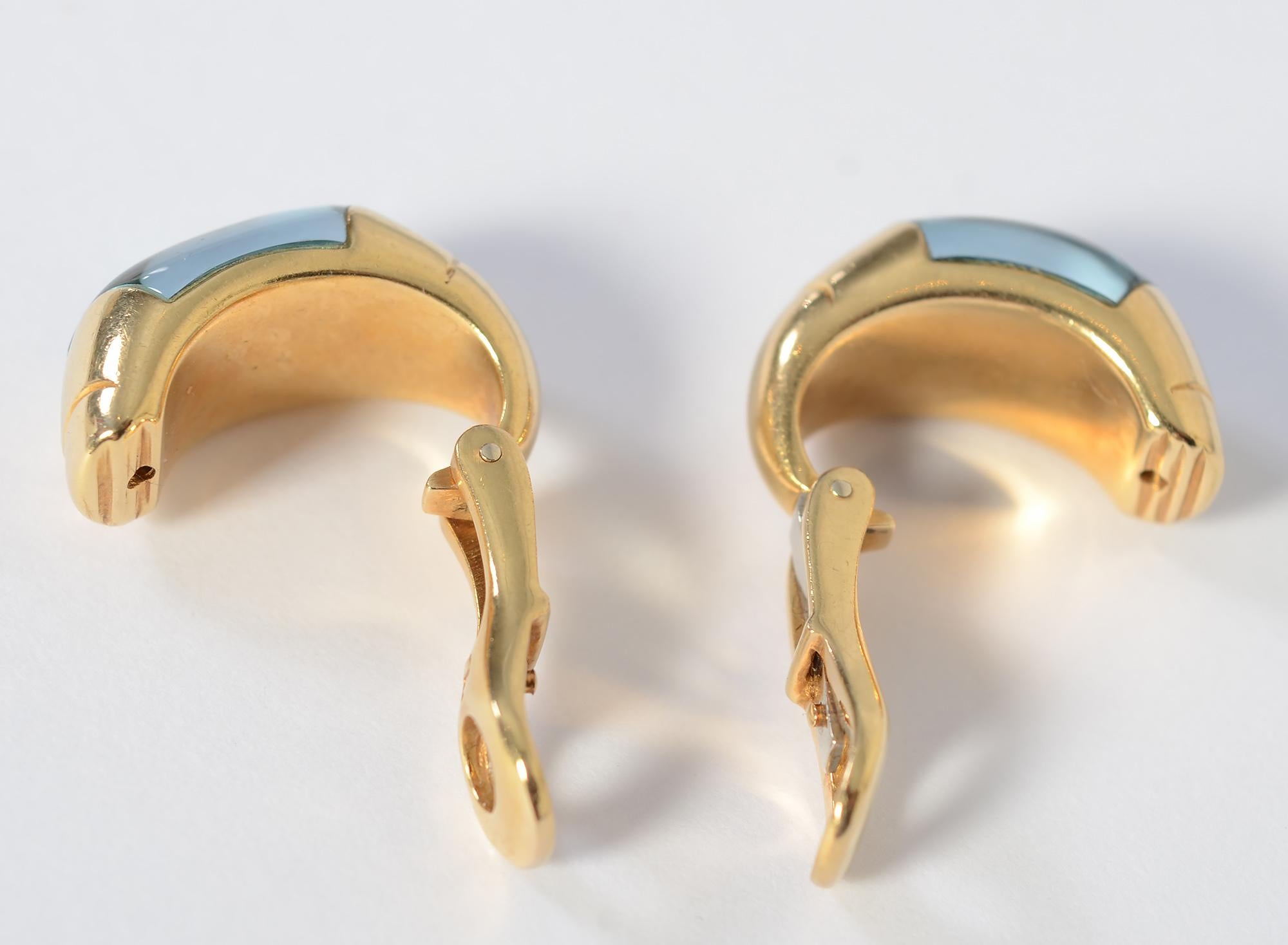 Women's or Men's Bulgari Tronchetto Half Hoop Blue Topaz Gold Earrings