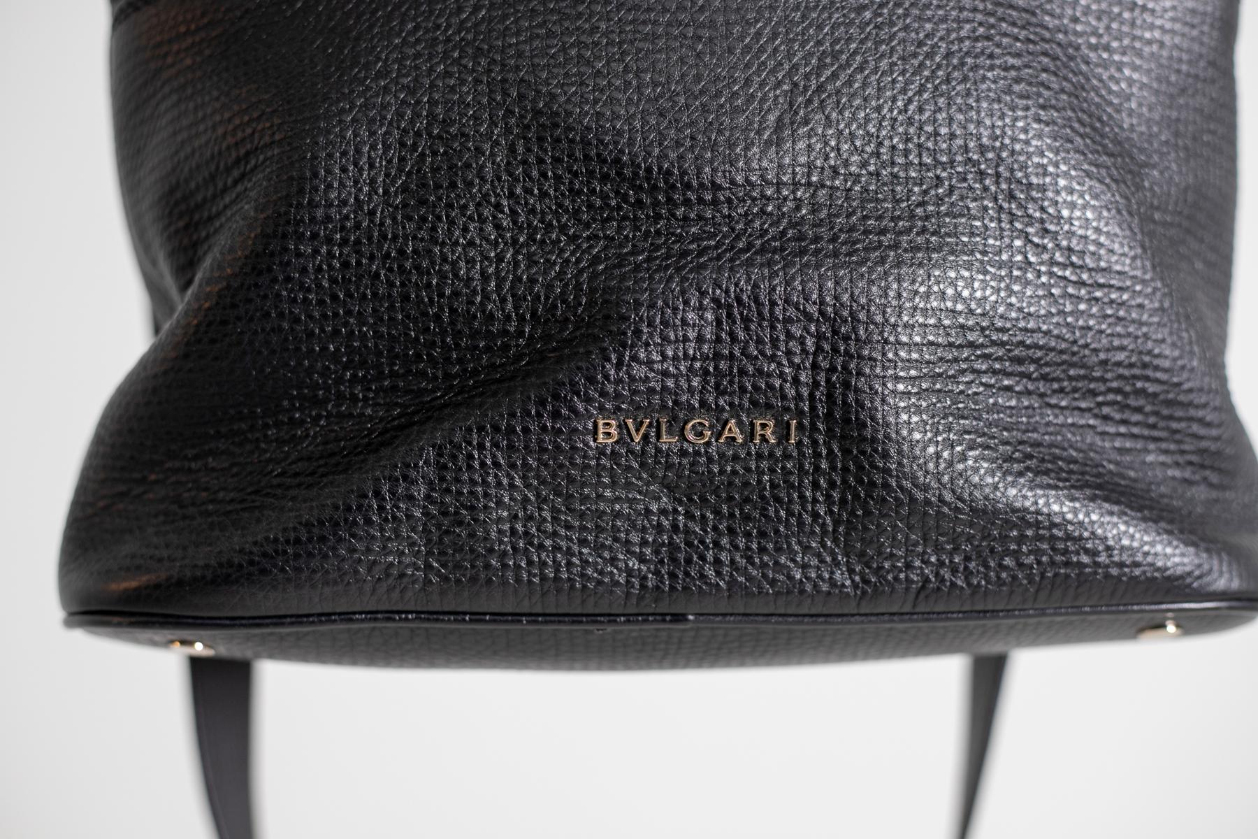 Black Bulgari Handbag Convertible Shoulder Strap Leather with Jewel in Worked Metal