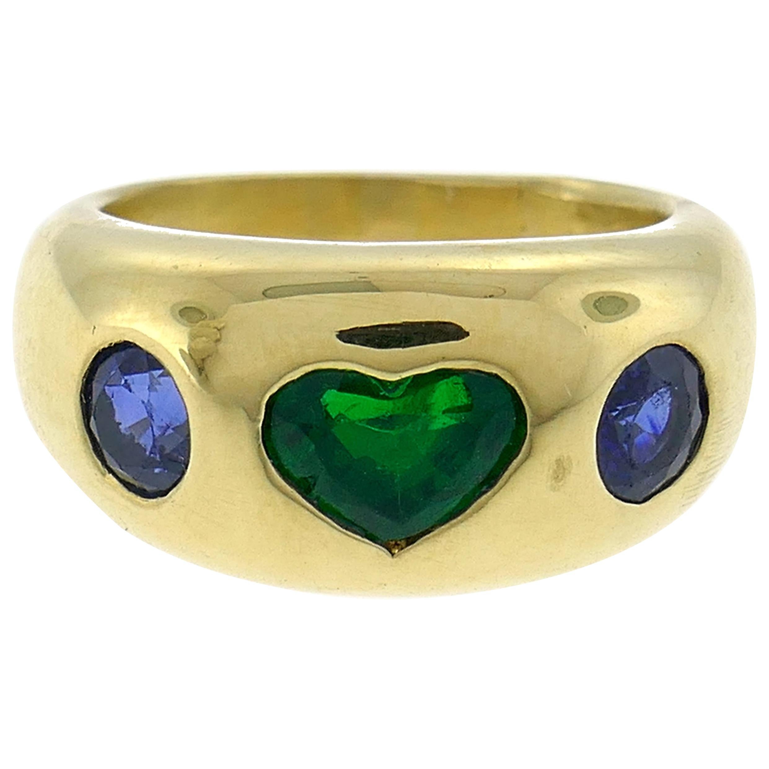 Bulgari Heart Emerald Sapphire Yellow Gold Ring 1980s