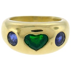 Bulgari Heart Emerald Sapphire Yellow Gold Ring 1980s