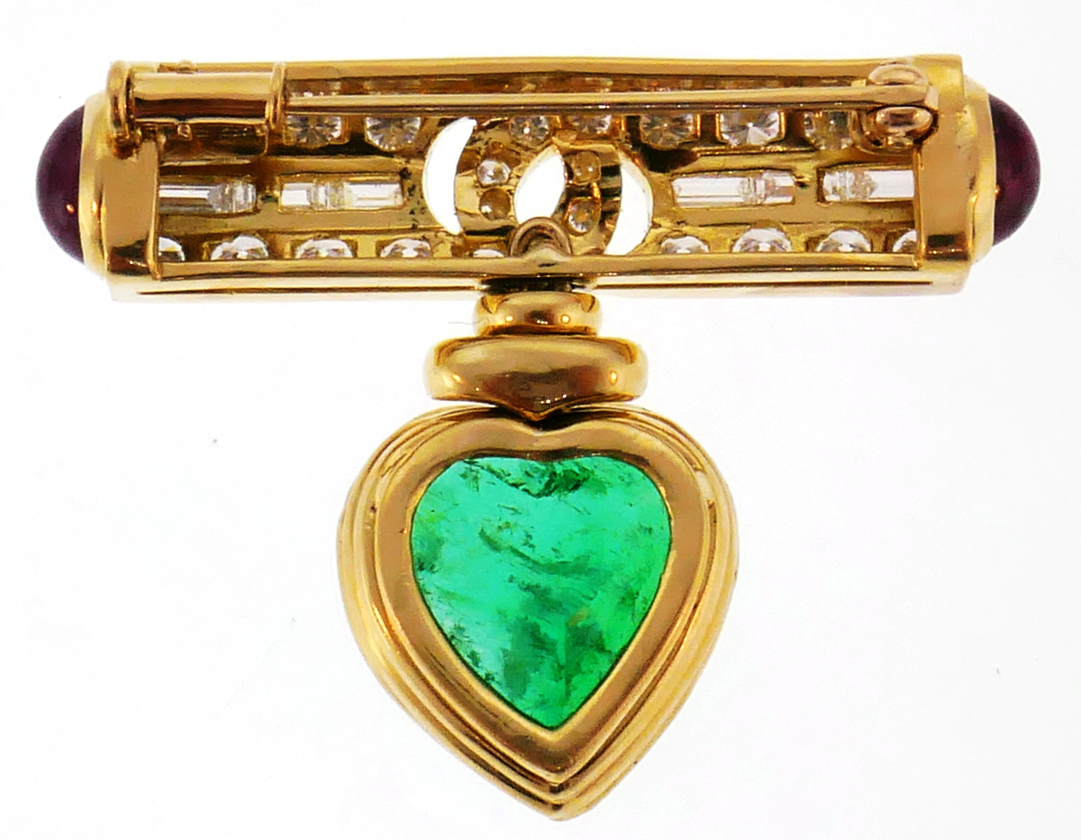 Vintage Bulgari Pin Heart Colombian Emerald GIA 18k Gold  Brooch Clip 1