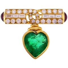Vintage Bulgari Pin Heart Colombian Emerald GIA 18k Gold  Brooch Clip