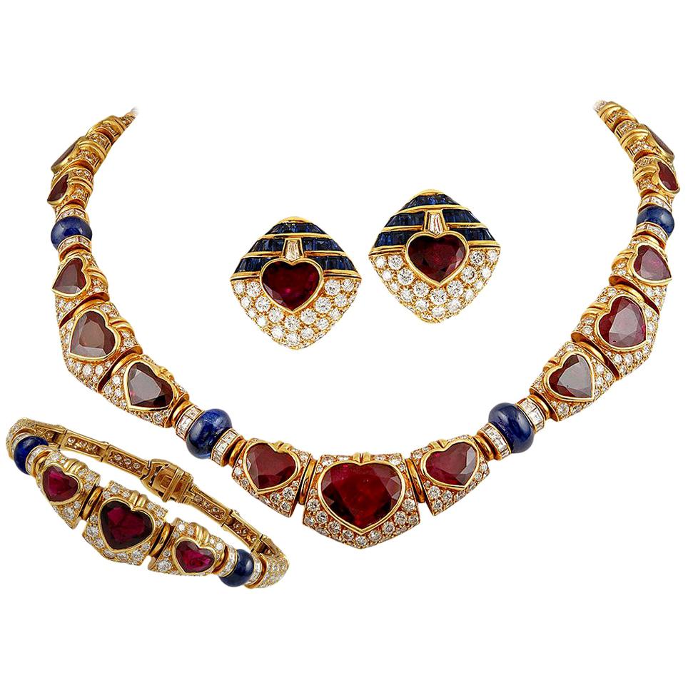 Bulgari Heart Shaped Ruby Diamond Sapphire Yellow Gold Necklace Set For Sale