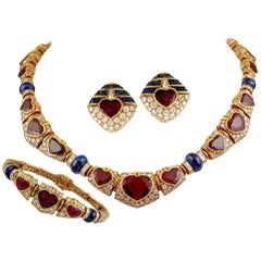 Bulgari Heart Shaped Ruby Diamond Sapphire Yellow Gold Necklace Set