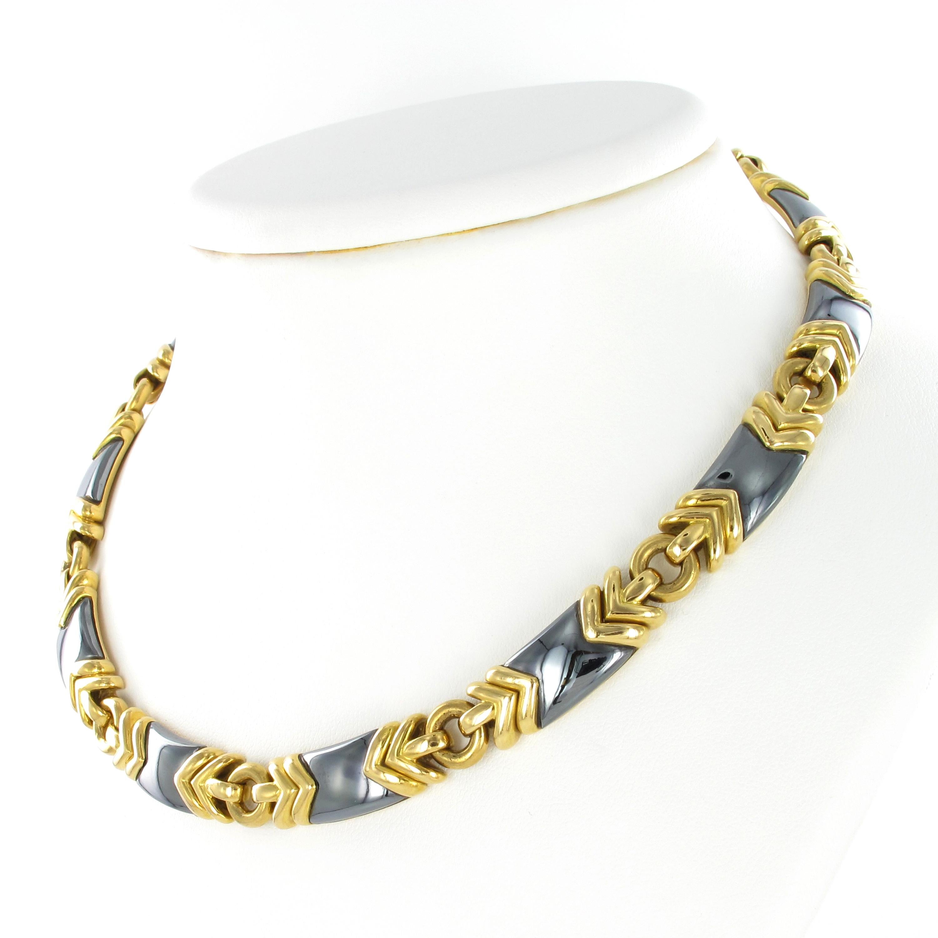 Timeless necklace from Bulgari. Alternating elements in Hematite and 18 Karat yellow gold.
Made in Italy, circa 1980s. FYI: we have matching bracelet, earstuds and ring on stock.

btw: we have matching bracelet, earstuds and ring on stock

Signed