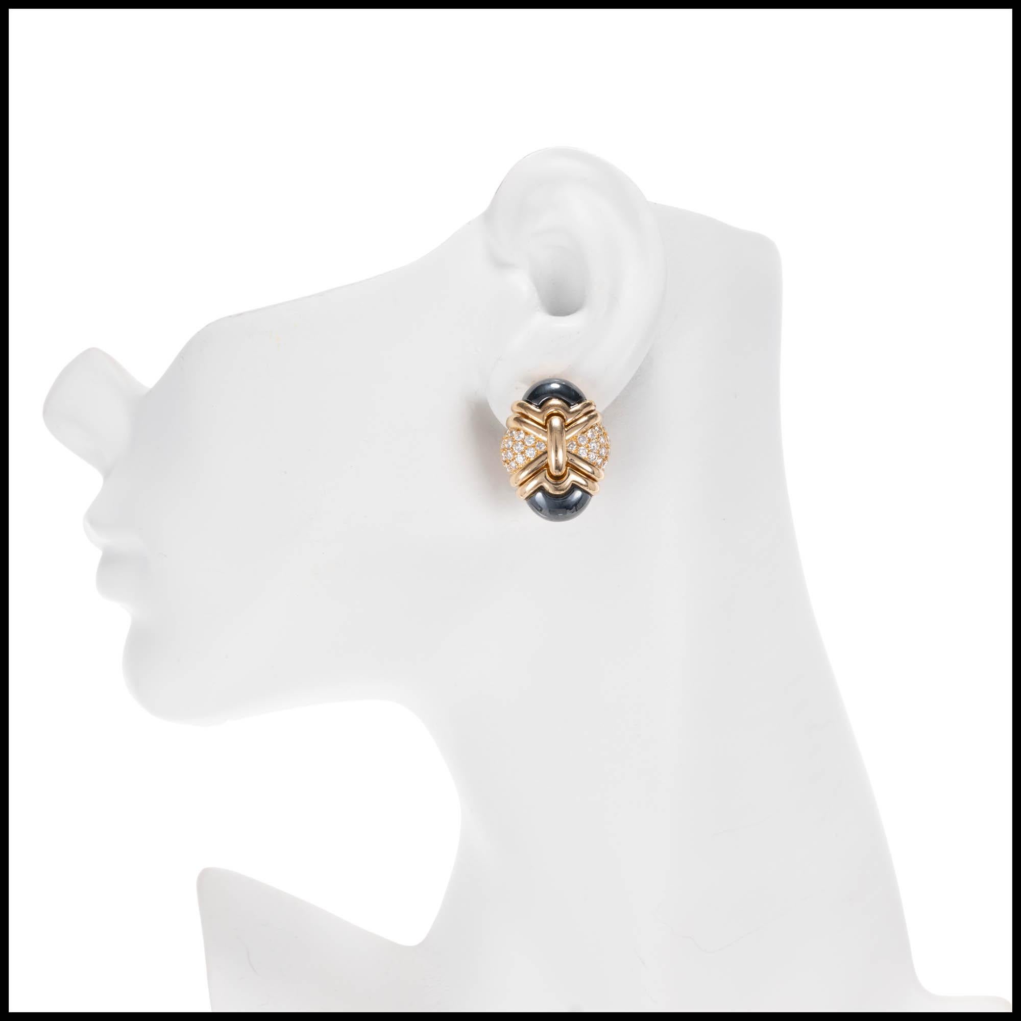 Bvlgari 1.60 Diamond Carat Hematite Clip Post Yellow Gold Earrings In Excellent Condition In Stamford, CT