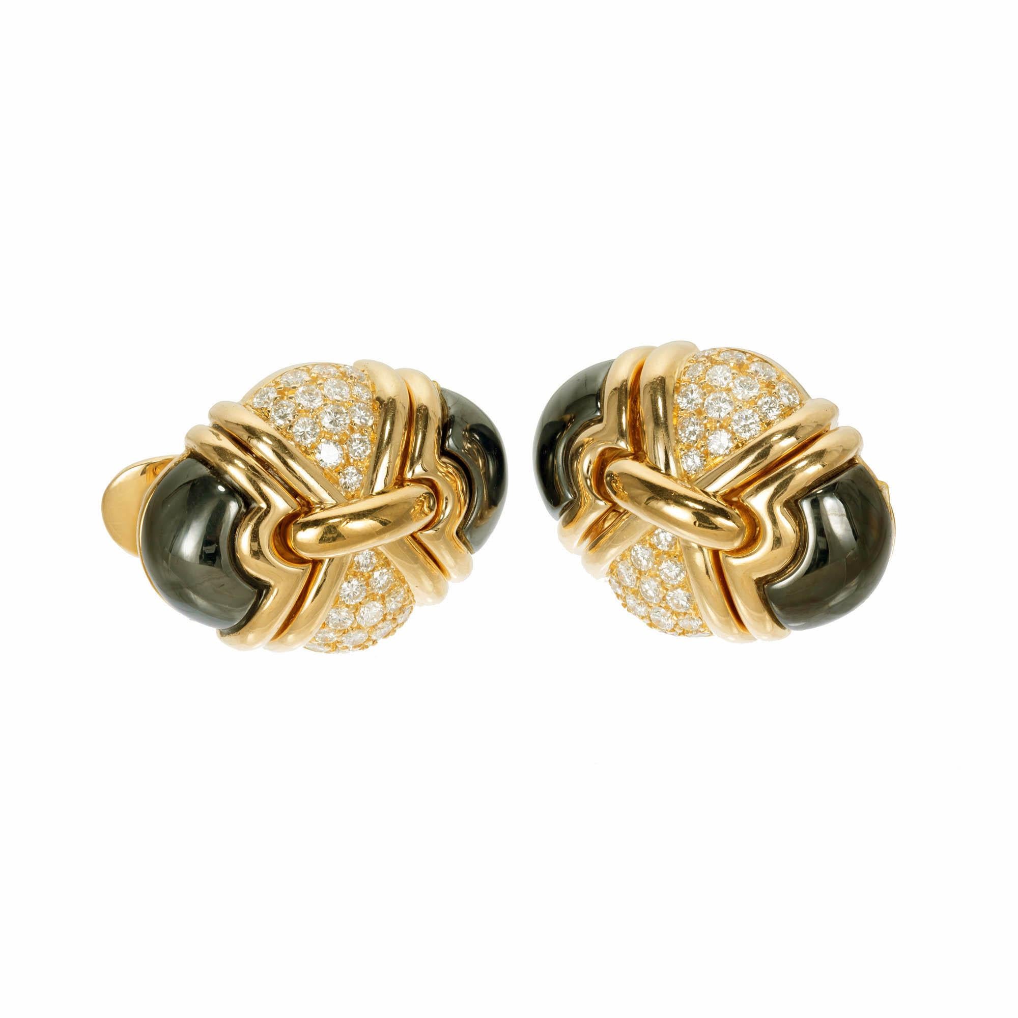 Bvlgari 1.60 Diamond Carat Hematite Clip Post Yellow Gold Earrings