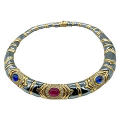 Retro Bulgari Hematite, Diamond, Ruby, and Sapphire Necklace