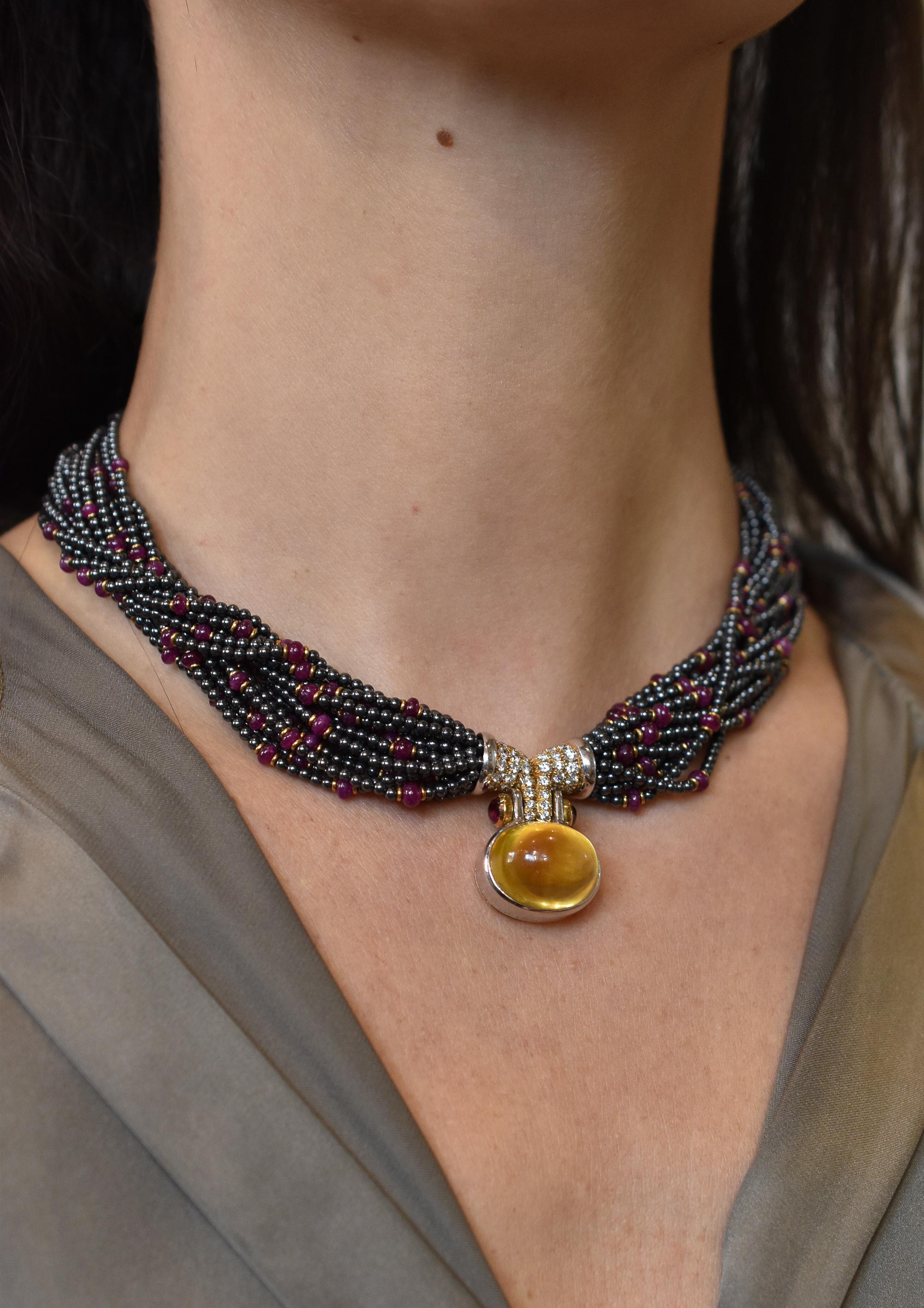 Cabochon Bulgari Hematite, Ruby and Diamond Torsade Necklace with a 43ct Yellow Sapphire For Sale