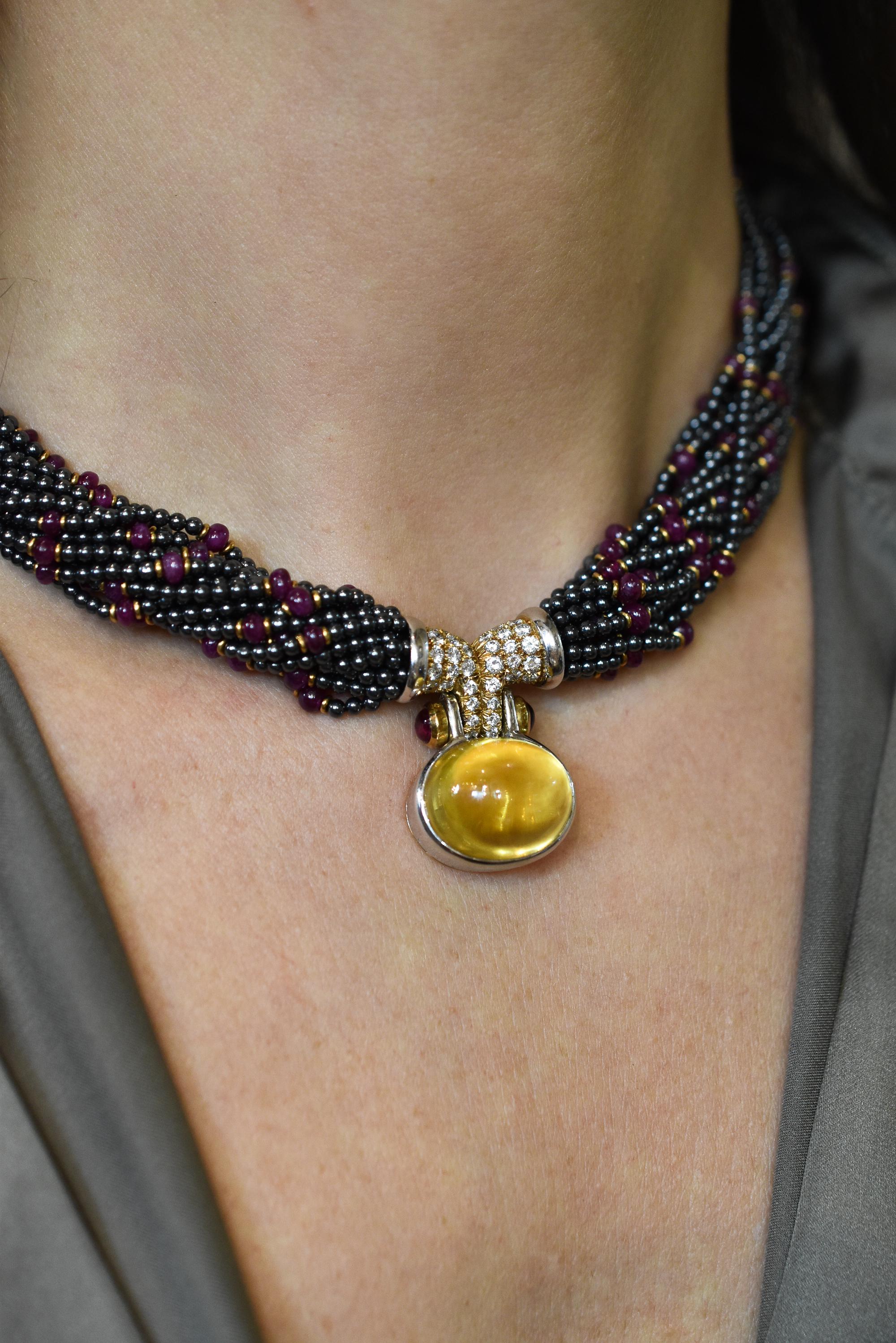 Women's Bulgari Hematite, Ruby and Diamond Torsade Necklace with a 43ct Yellow Sapphire For Sale