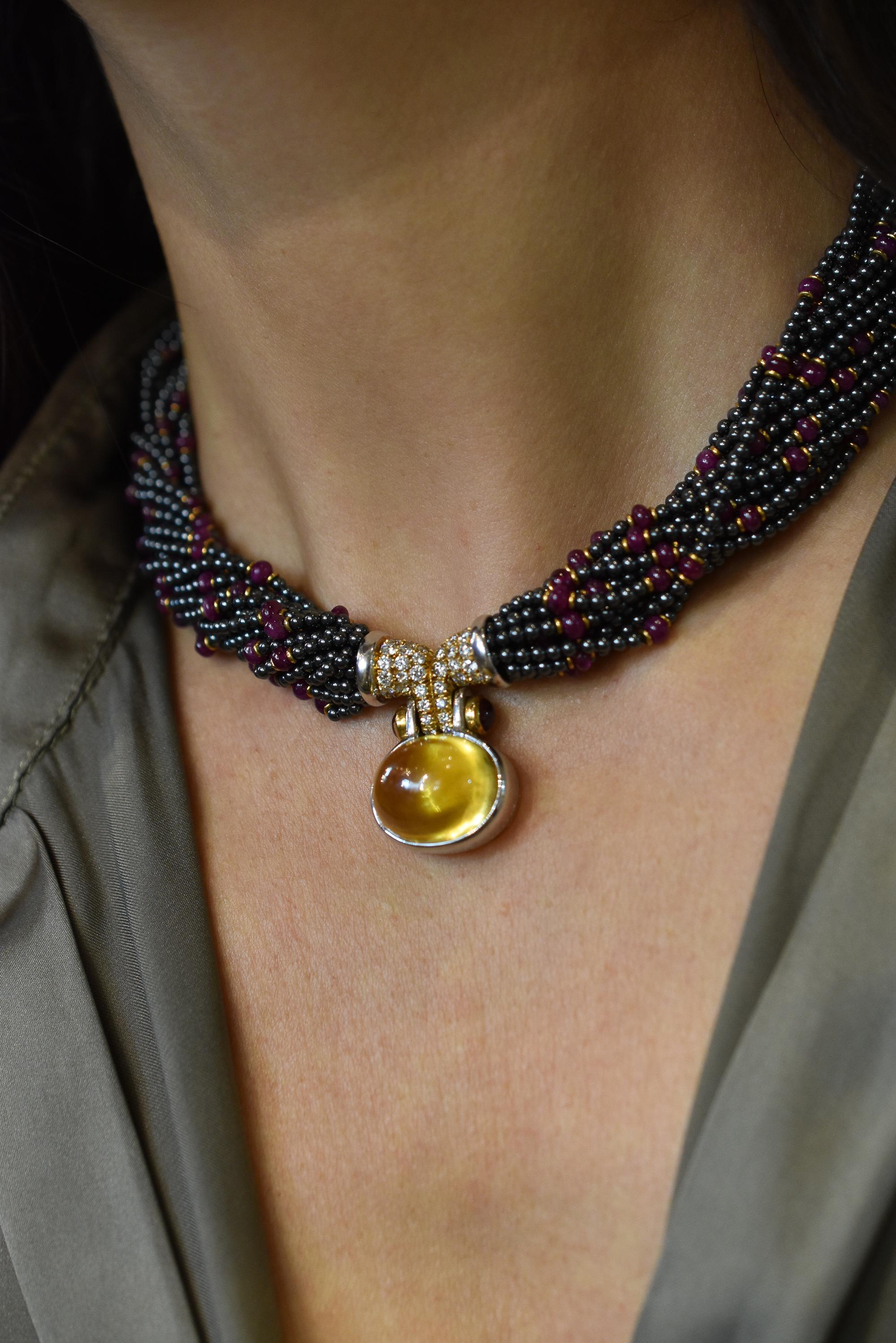 Bulgari Hematite, Ruby and Diamond Torsade Necklace with a 43ct Yellow Sapphire For Sale 1