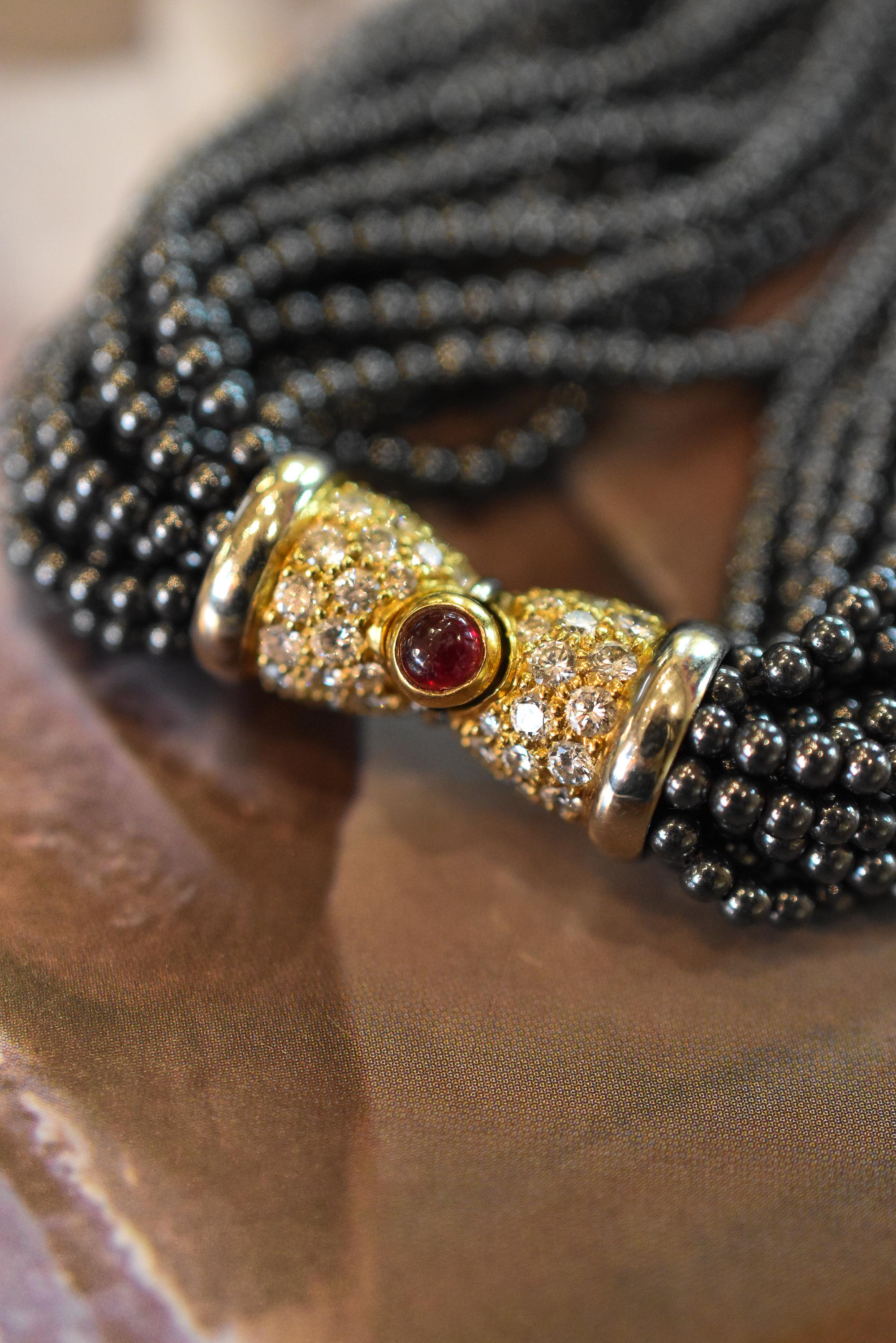 Bulgari Hematite, Ruby and Diamond Torsade Necklace with a 43ct Yellow Sapphire For Sale 2