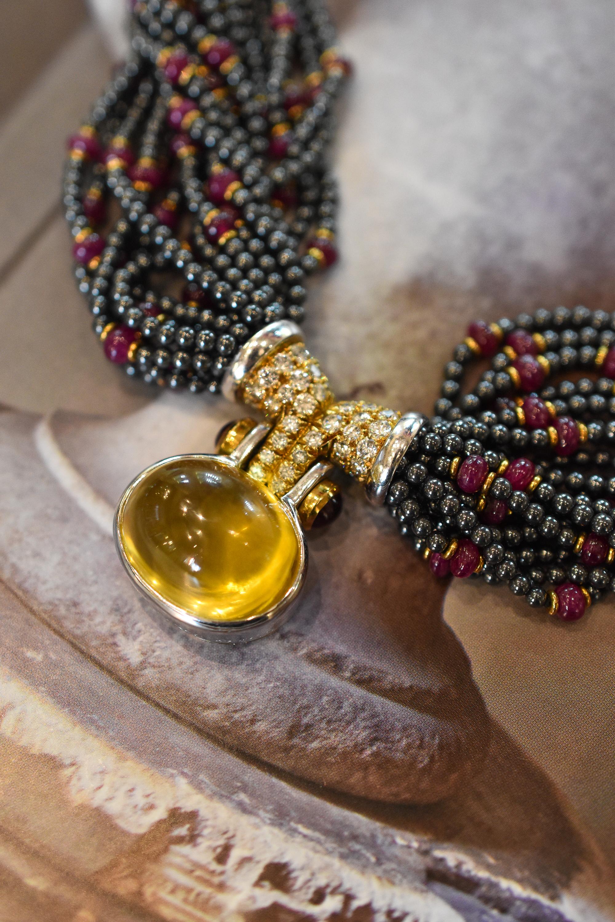 Bulgari Hematite, Ruby and Diamond Torsade Necklace with a 43ct Yellow Sapphire For Sale 3