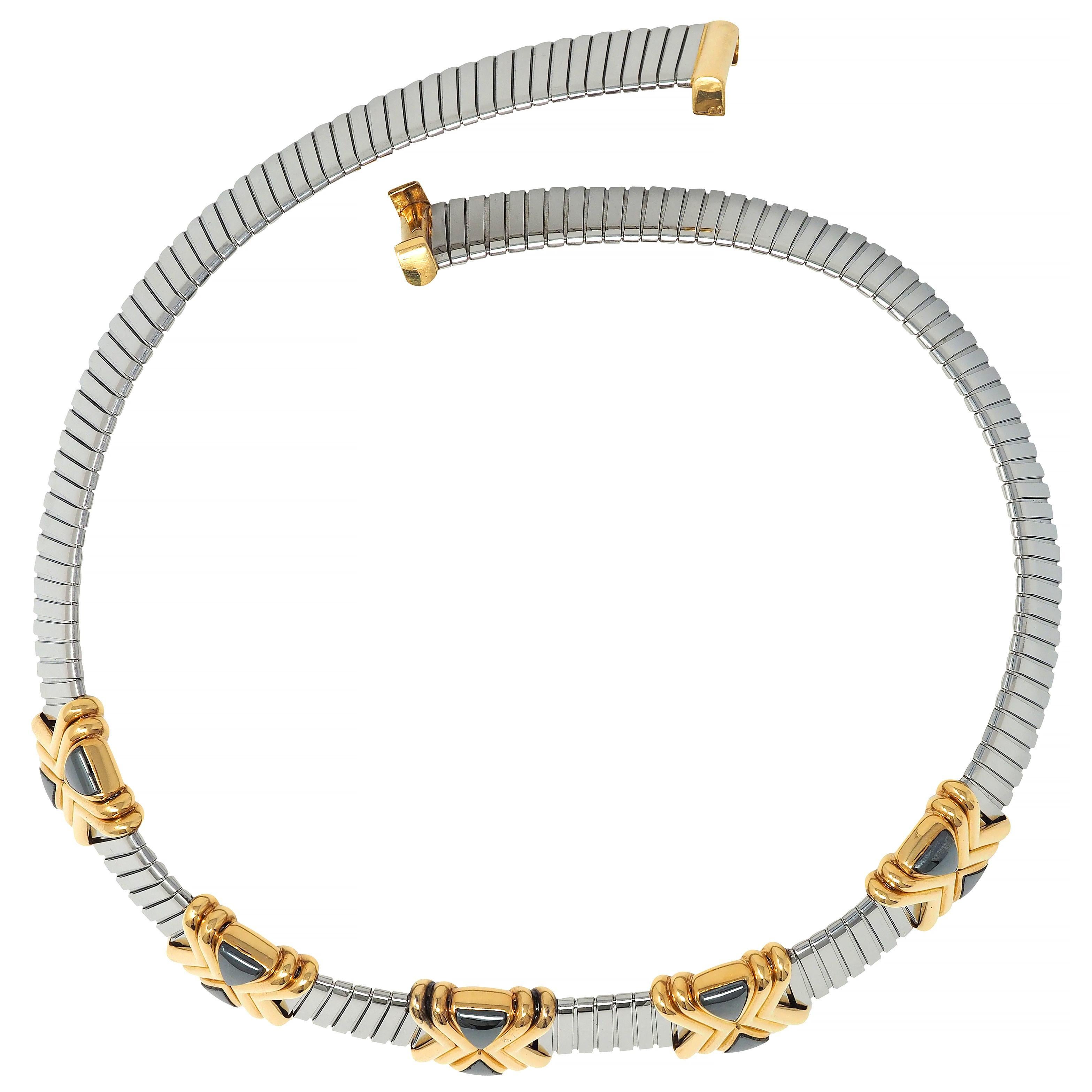 Bulgari Hematite Stainless Steel 18 Karat Gold X Tobogas Collar Necklace 3