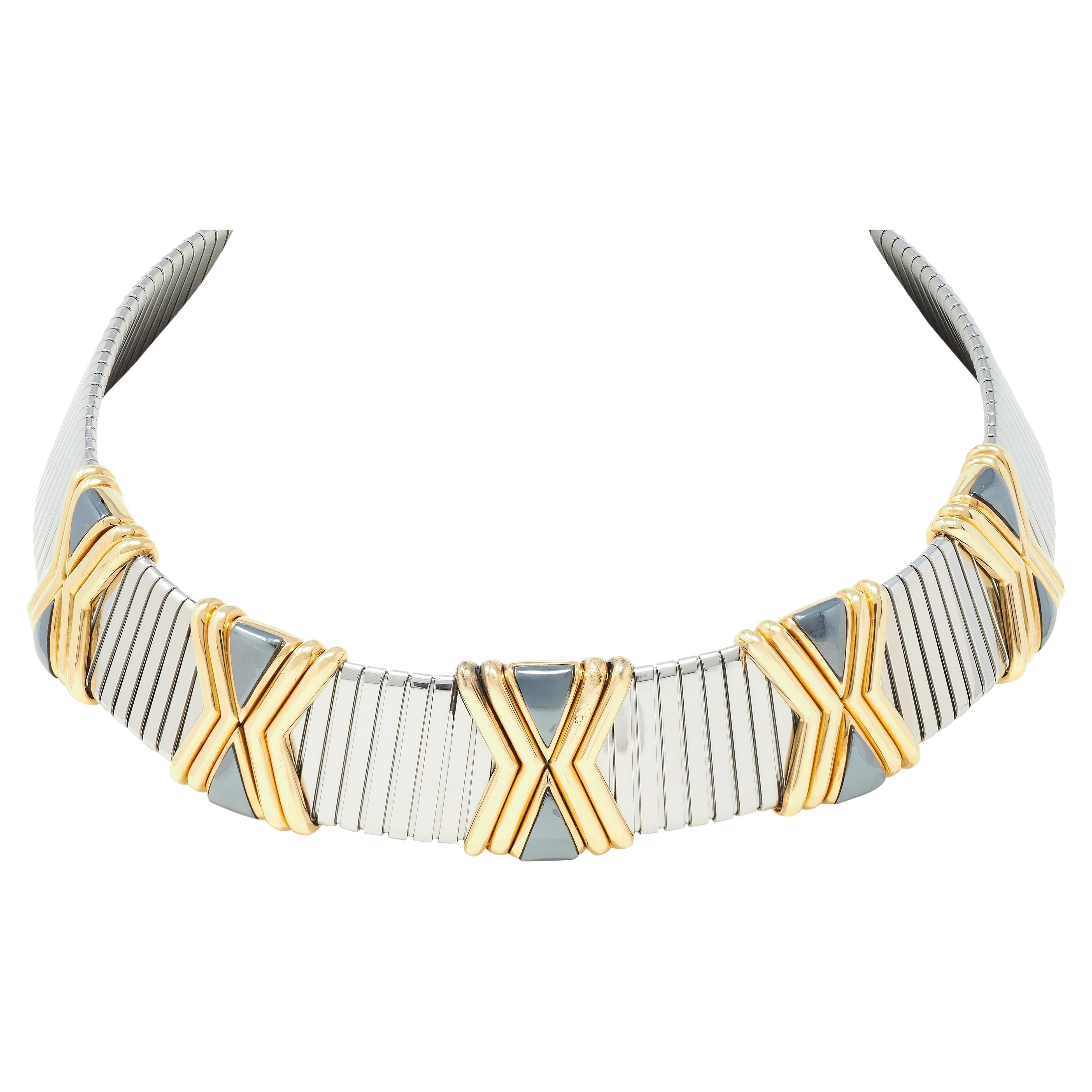 Bulgari Hematite Stainless Steel 18 Karat Gold X Tobogas Collar Necklace