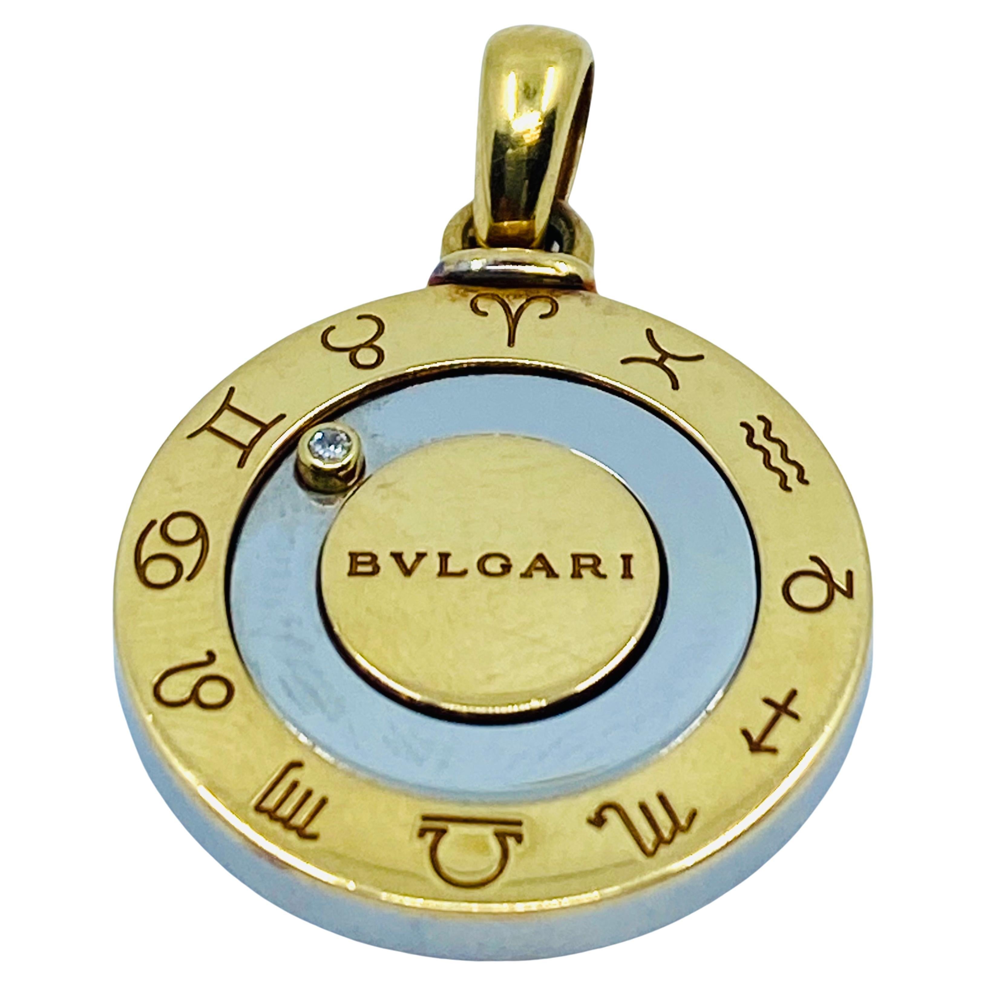 Round Cut Bulgari Horoscope Movable Diamond Pendant Gold Stainless Steel
