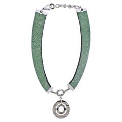 Bulgari Impressive Gold Diamond Green Ostrich Leather Collar Necklace