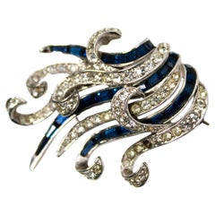 Tiffany Inspired Costume Sapphire 14k White Gold Plated Brooch circa 1970s