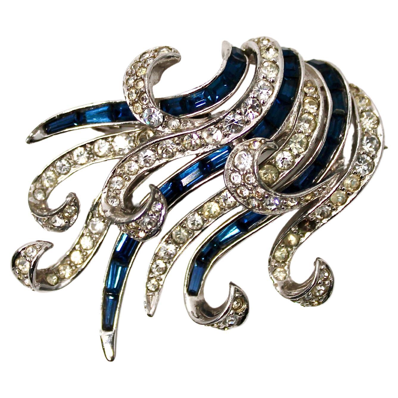 Tiffany Inspired Costume Sapphire 14k White Gold Plated Brooch circa 1970s