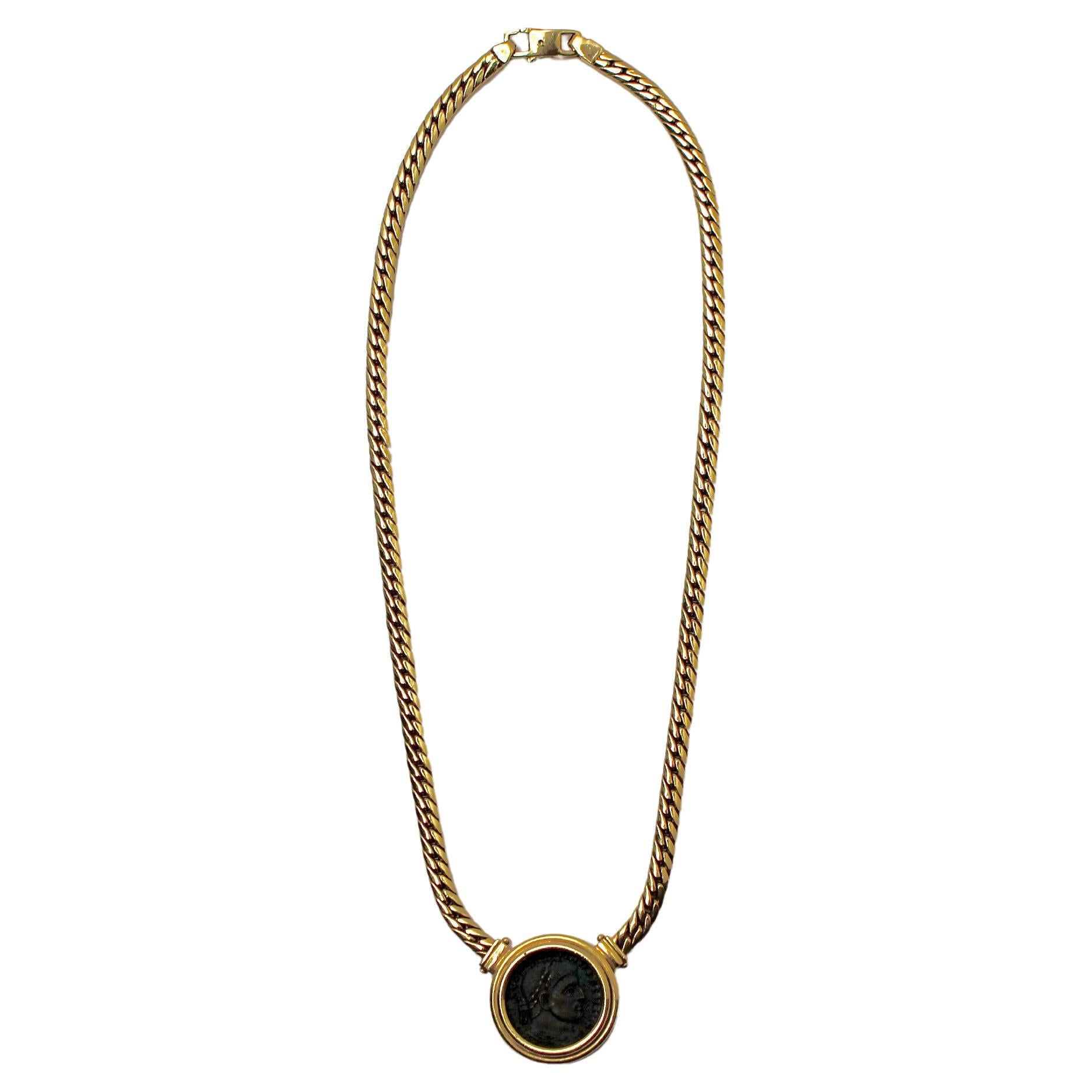 Bulgari Inspired Monete 18k Yellow Gold Roman Coin Pendant Necklace circa 1970s