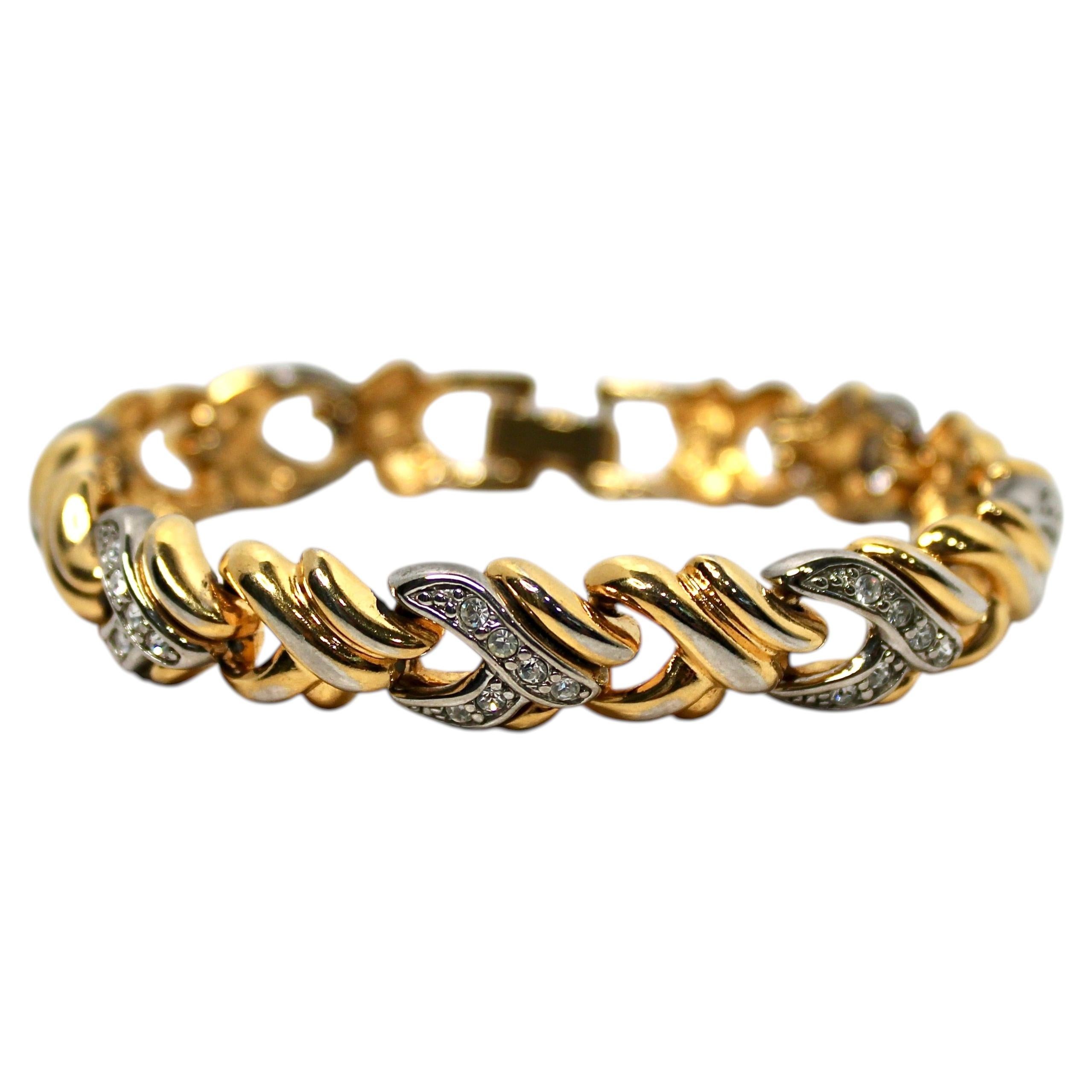 Bulgari Inspired Two-Tone Gold Plated Link Bracelet With Rhinestones circa 1990s For Sale
