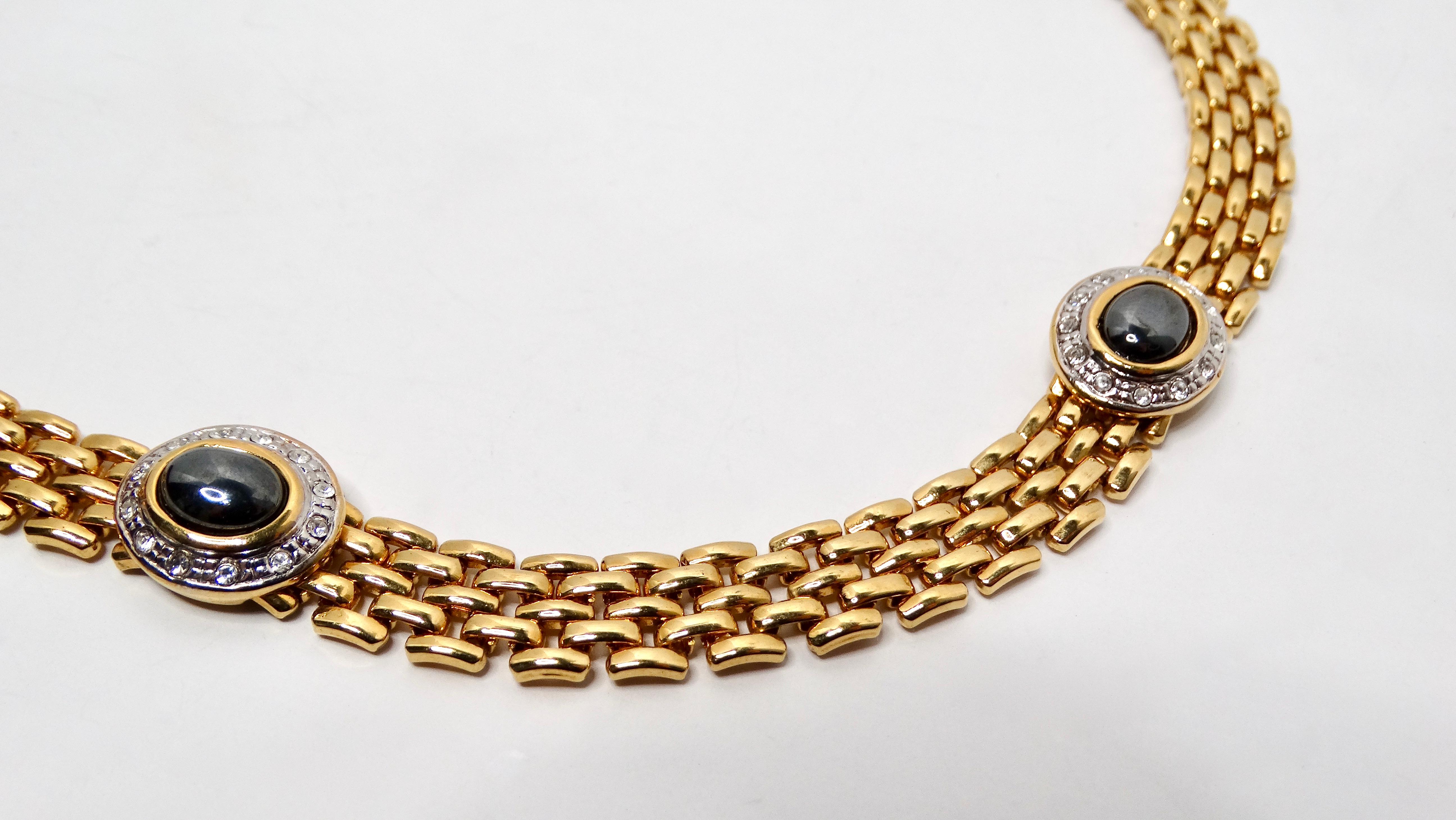 Collier à maillons en plaqué or 18 carats d'inspiration Bulgari avec détails en strass Bon état - En vente à Scottsdale, AZ