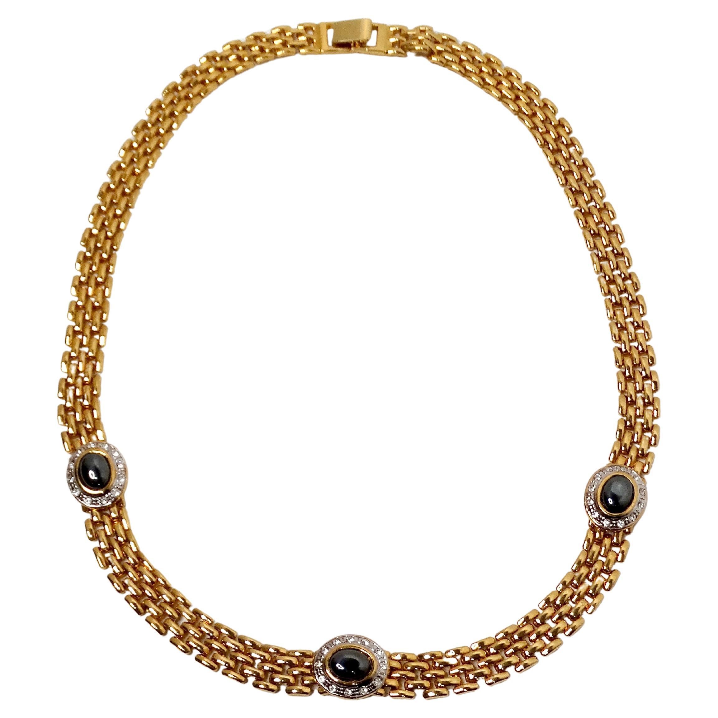 Bulgari Inspired Vintage 18k Gold Plated Link Necklace With Rhinestone Detailing