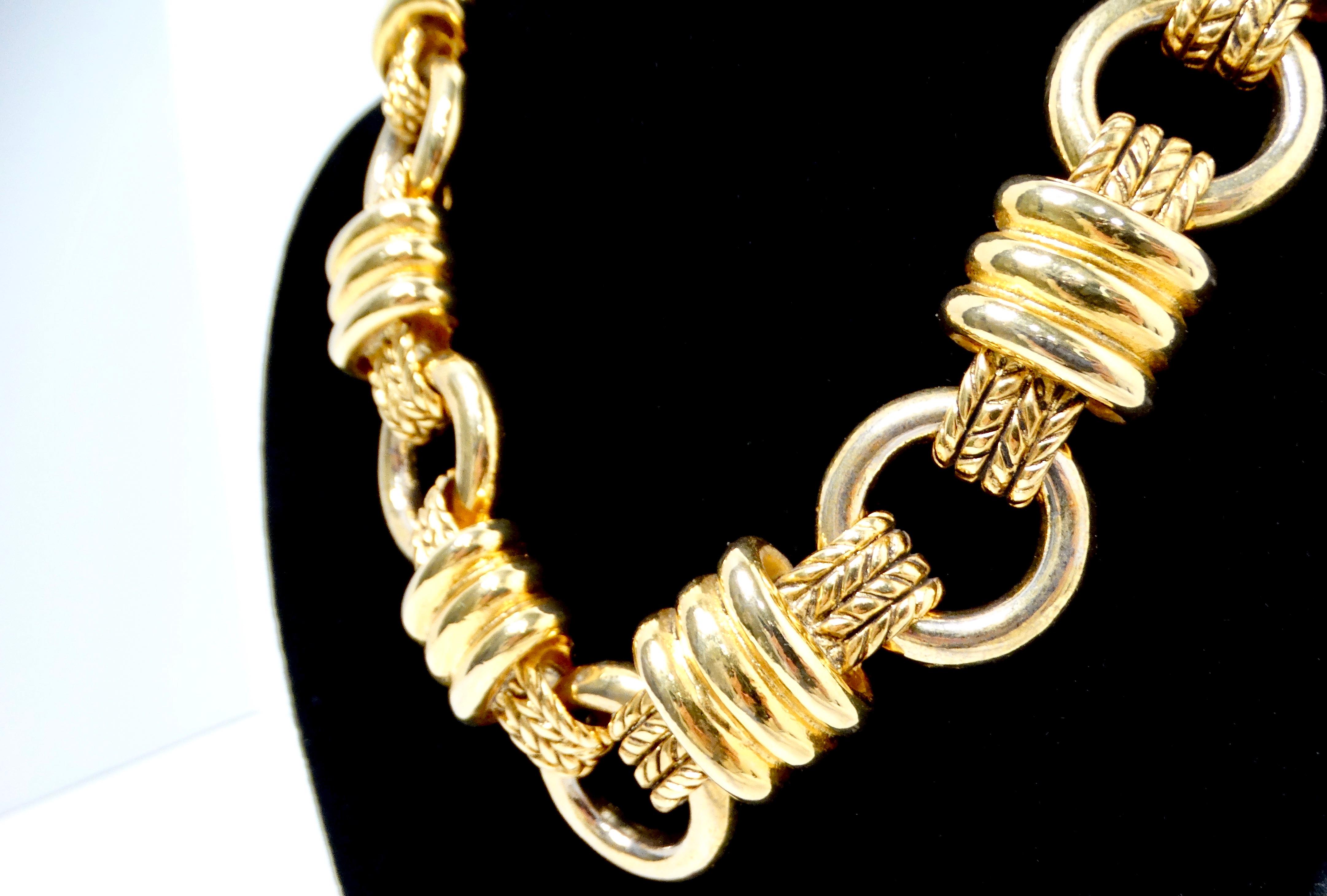 Bulgari Inspired Vintage Gold-Tone Chunky-Link Necklace With Braided Detailing In Good Condition For Sale In Scottsdale, AZ
