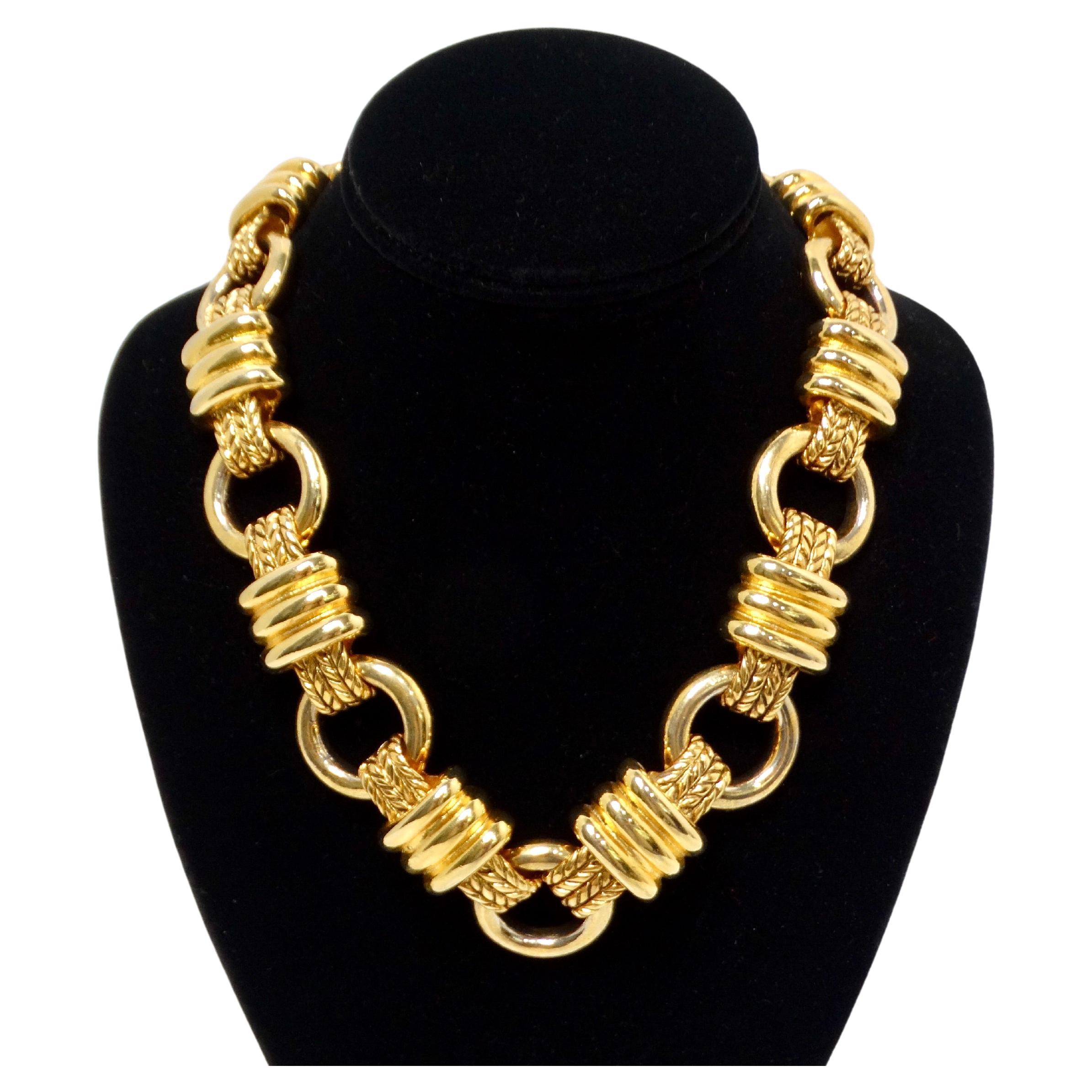 Bulgari Inspired Vintage Gold-Tone Chunky-Link Necklace With Braided Detailing For Sale