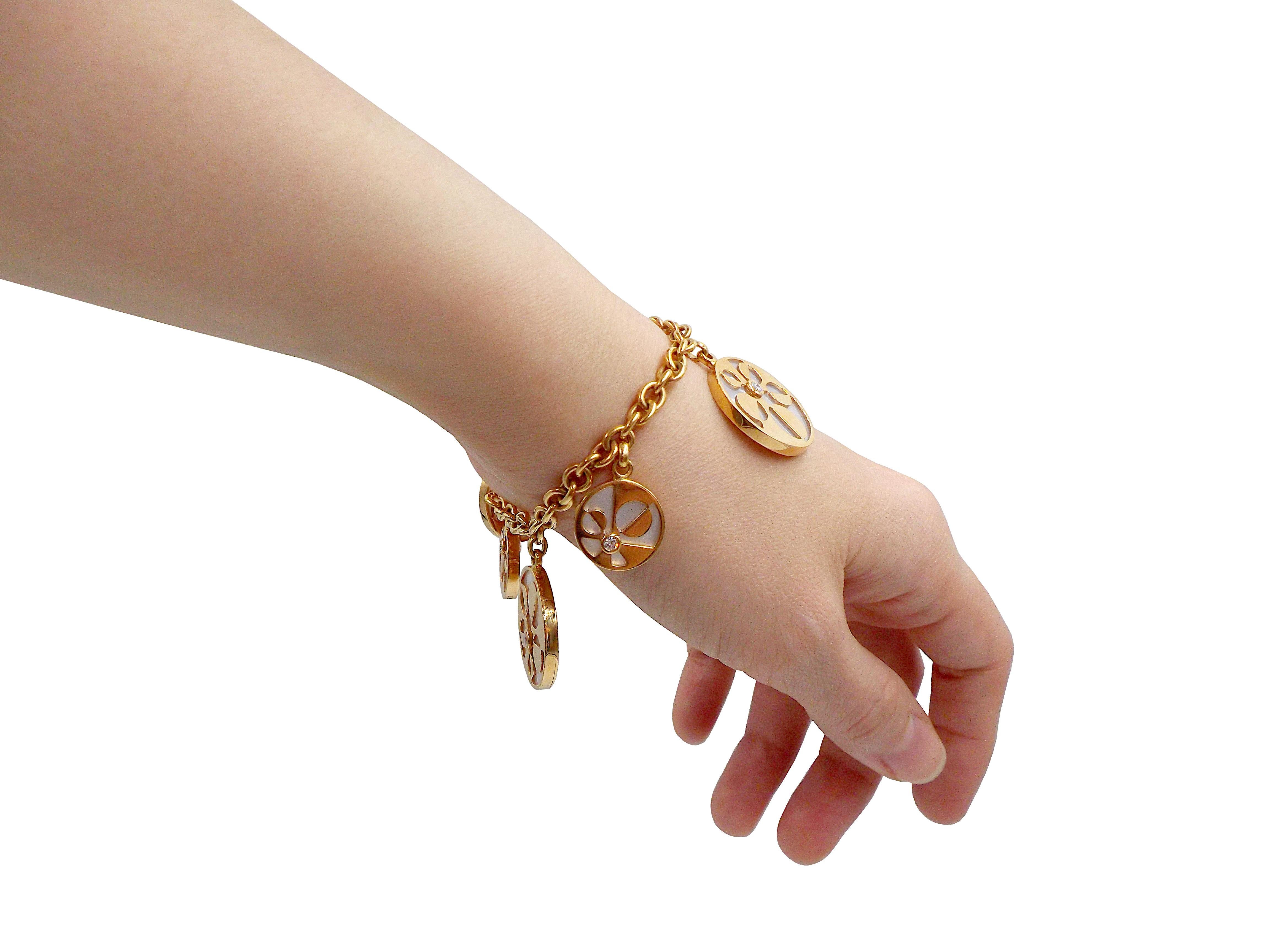 Women's Bulgari Intarsio 18K Rose Gold Diamond Mother of Pearl Charm Bracelet For Sale