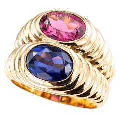 Vintage Bulgari Iolite Pink Tourmaline Yellow Gold Twin Stone Ring