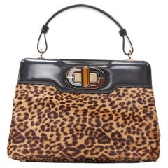 BULGARI Isabella Rossellini leopard leather turn lock top handle shoulder bag