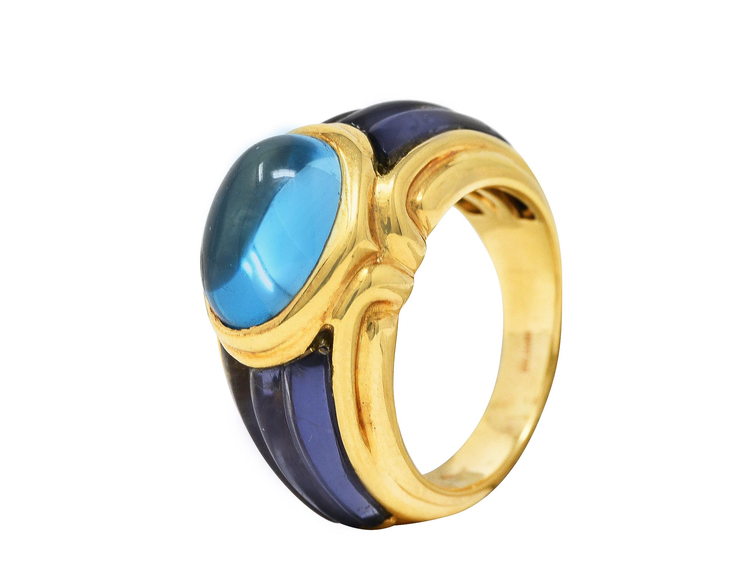 Bulgari Italian Blue Topaz Iolite 18 Karat Yellow Gold Carved Gemstone Band Ring 4