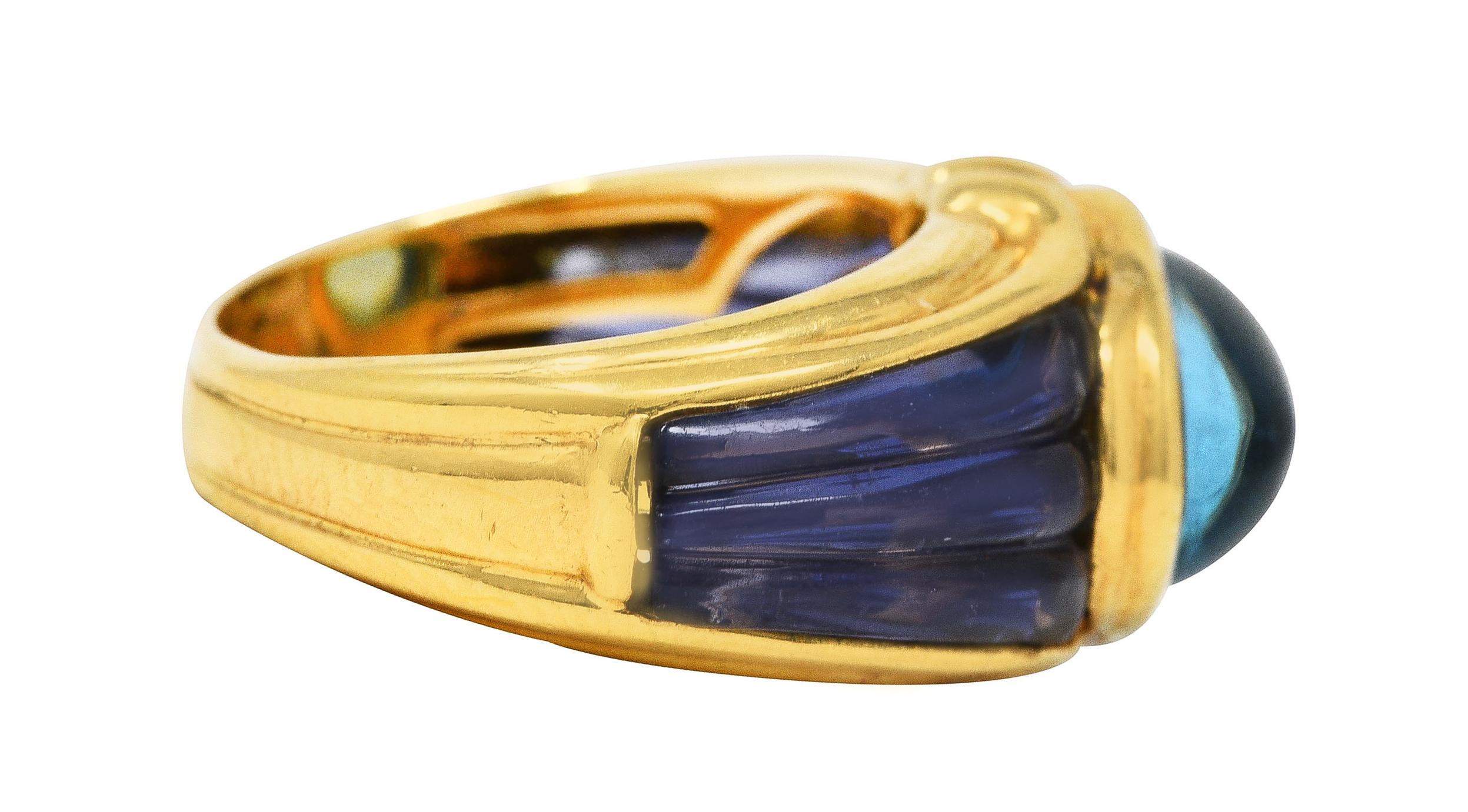 Contemporary Bulgari Italian Blue Topaz Iolite 18 Karat Yellow Gold Carved Gemstone Band Ring