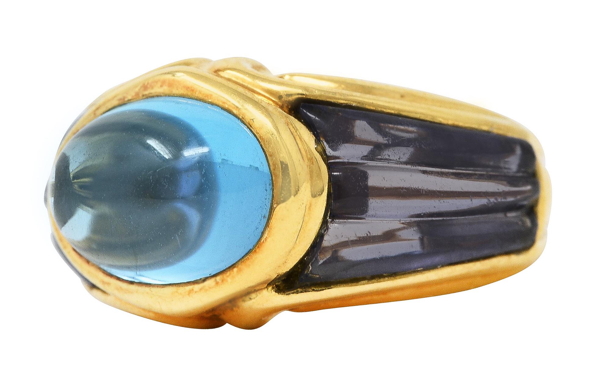 Women's or Men's Bulgari Italian Blue Topaz Iolite 18 Karat Yellow Gold Carved Gemstone Band Ring