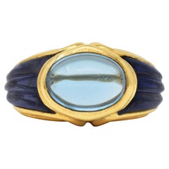 Bulgari Italian Blue Topaz Iolite 18 Karat Yellow Gold Carved Gemstone Band Ring
