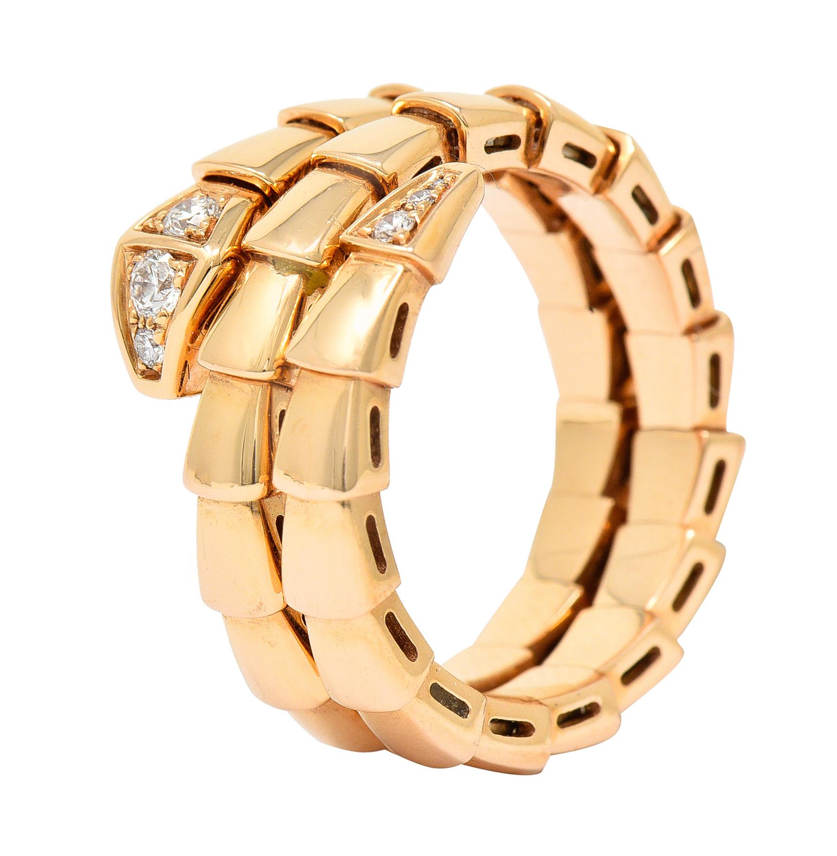 Brilliant Cut Bulgari Italy Diamond 18 Karat Rose Gold Flexible Snake Serpenti Band Ring
