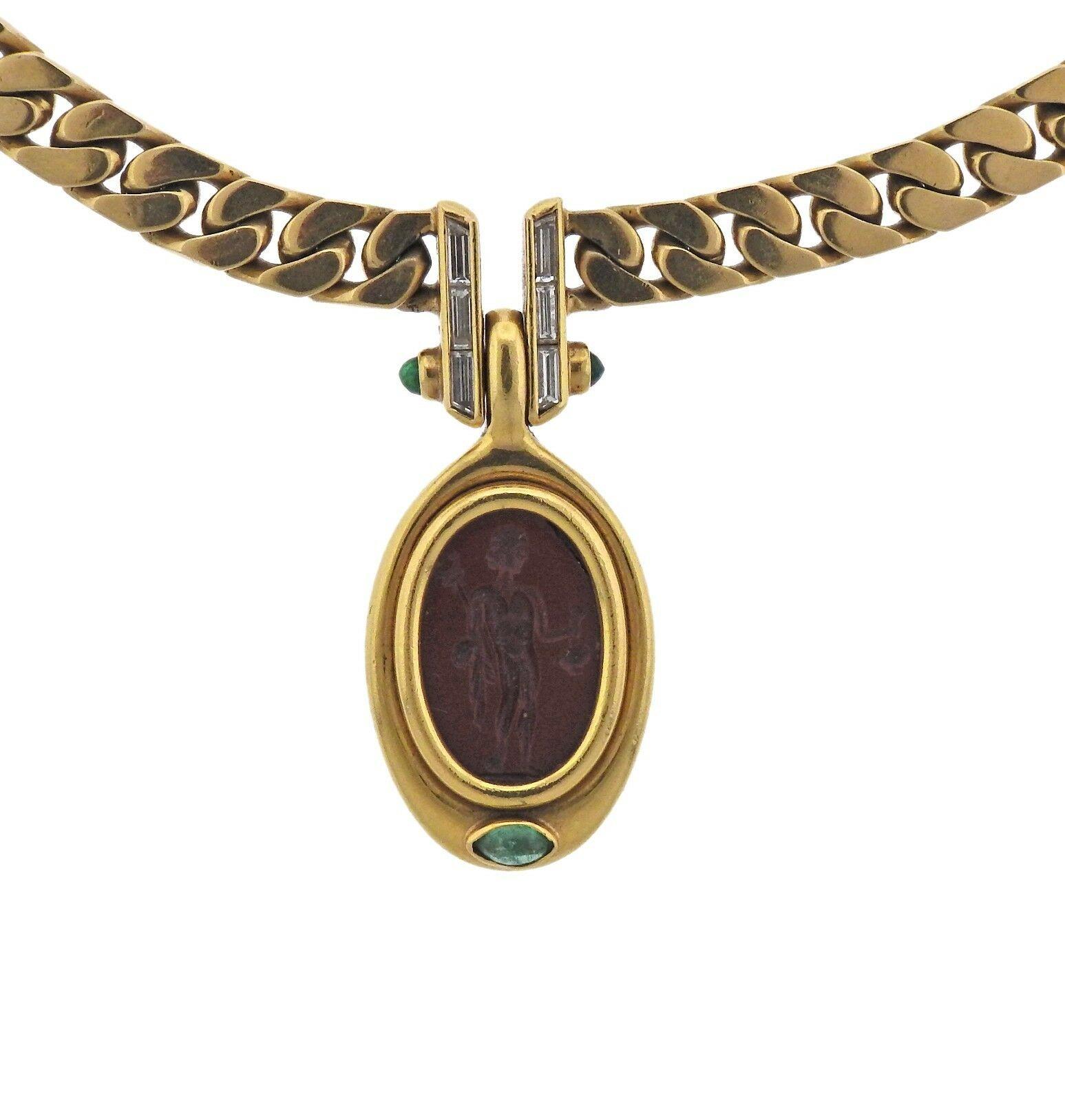 Substantial 18k yellow gold chain necklace, crafted by Bulgari, featuring jasper intaglio pendant, adorned with emeralds and approx. 0.36ctw in diamonds. Necklace is 15 1/4