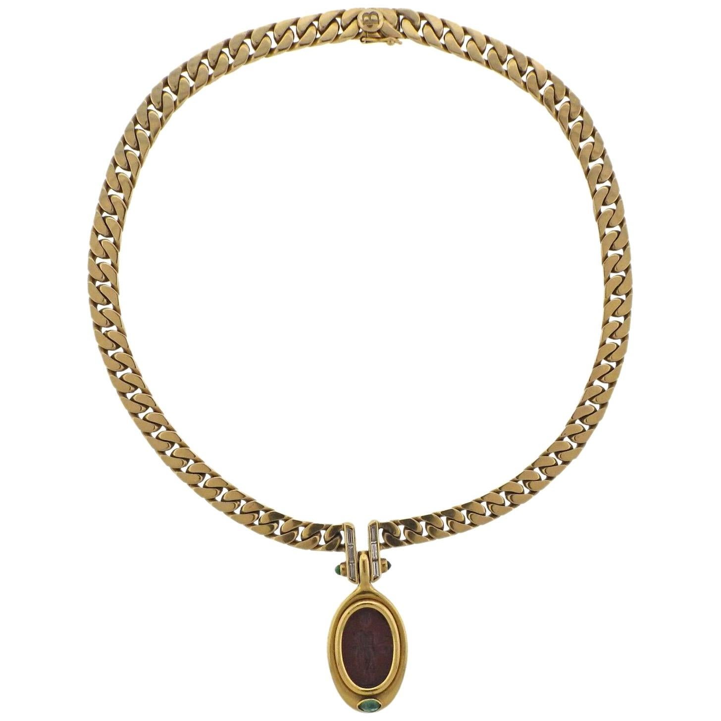 Bulgari Jasper Intaglio Emerald Diamond Gold Pendant Necklace For Sale