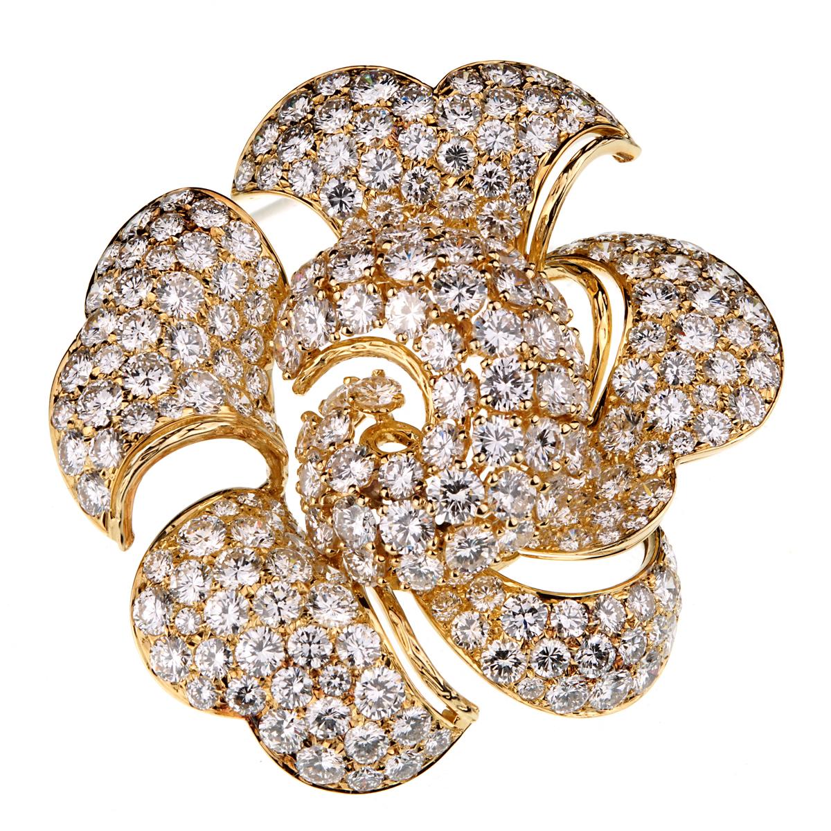 Round Cut Bulgari Vintage Bring Back The Brooch 34 Carat Pave Diamond Gold Floral Brooch For Sale