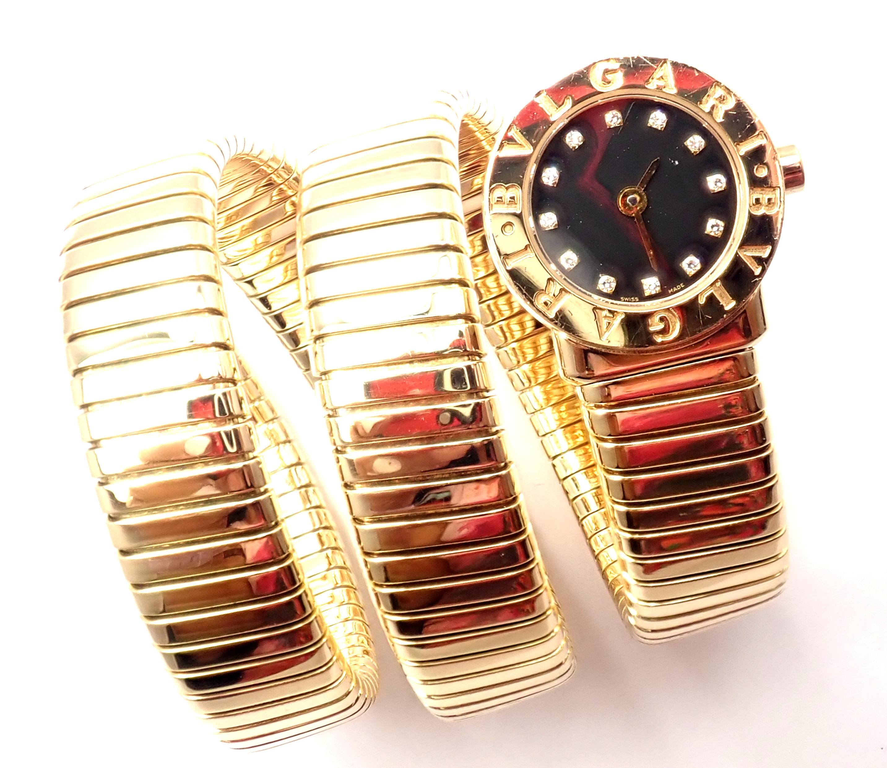 Brilliant Cut Bulgari Ladies Diamond Yellow Gold Tubogas Serpent Snake Bracelet Wristwatch