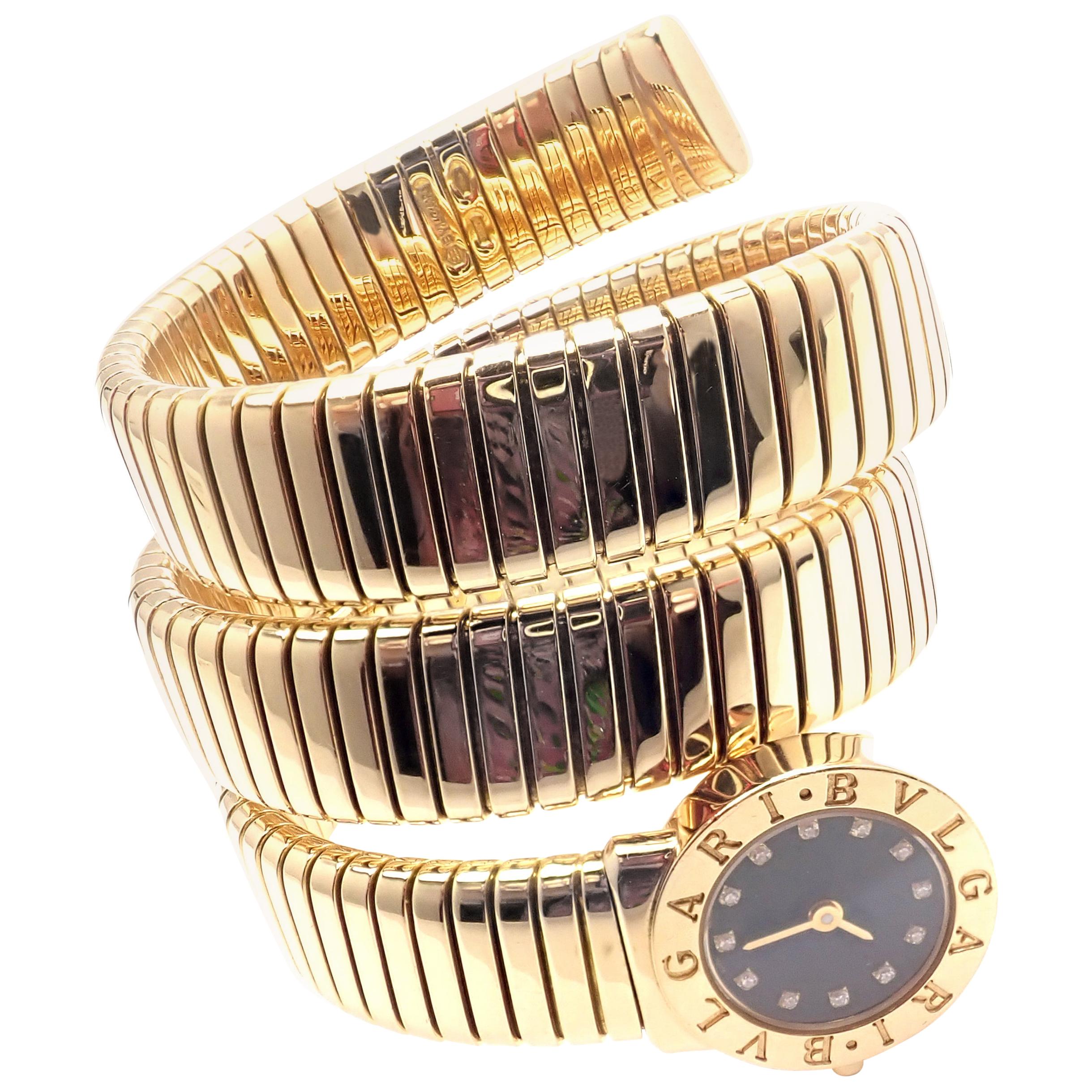Bulgari Ladies Diamond Yellow Gold Tubogas Serpent Snake Bracelet Wristwatch