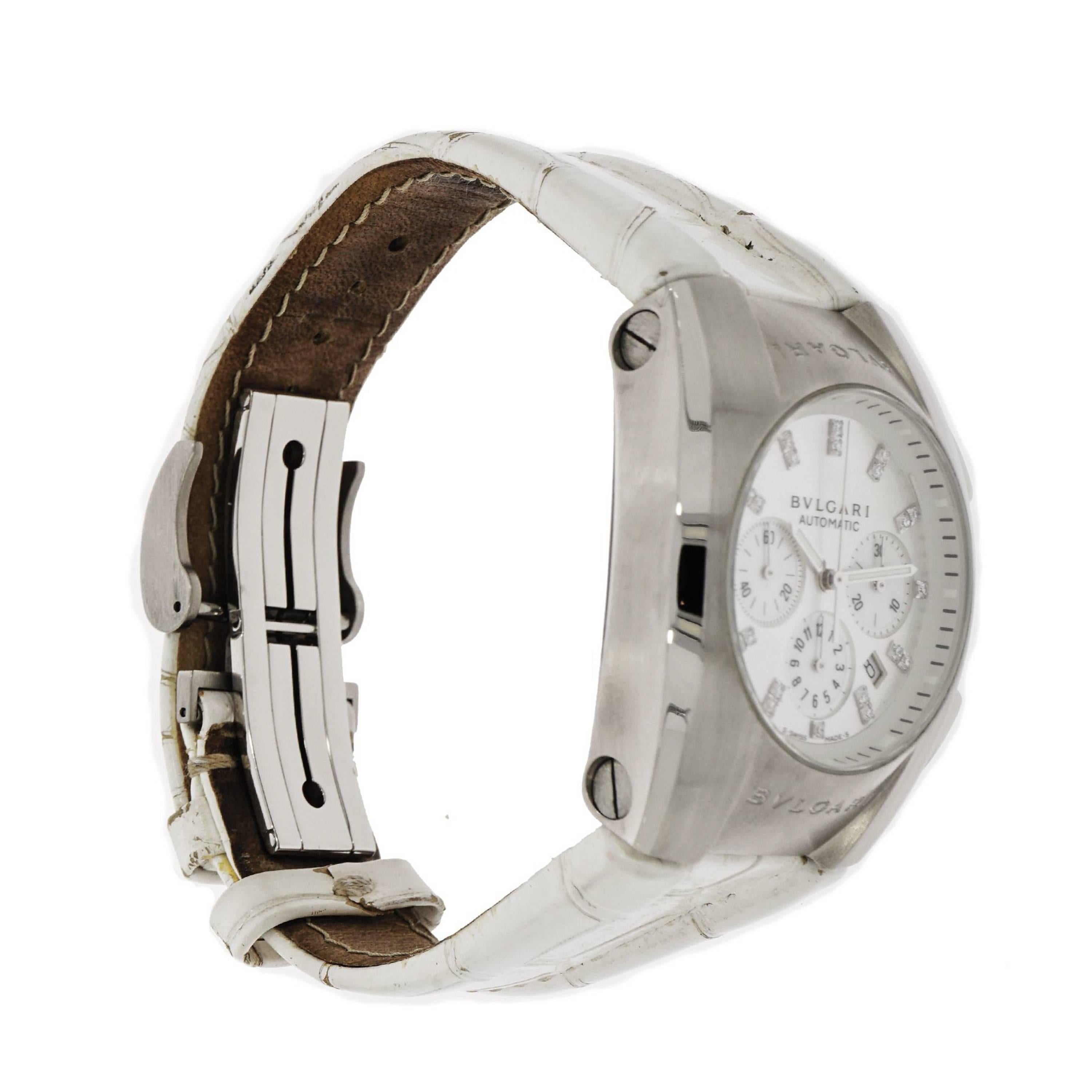 This timepiece features a self-winding movement with indications for the Hours, Minutes, Small Seconds, Date and 12-Hour Chronograph. Features a beautiful Mother of Pearl Dial set with diamonds in the hour markers.  
The case measures 35mm in