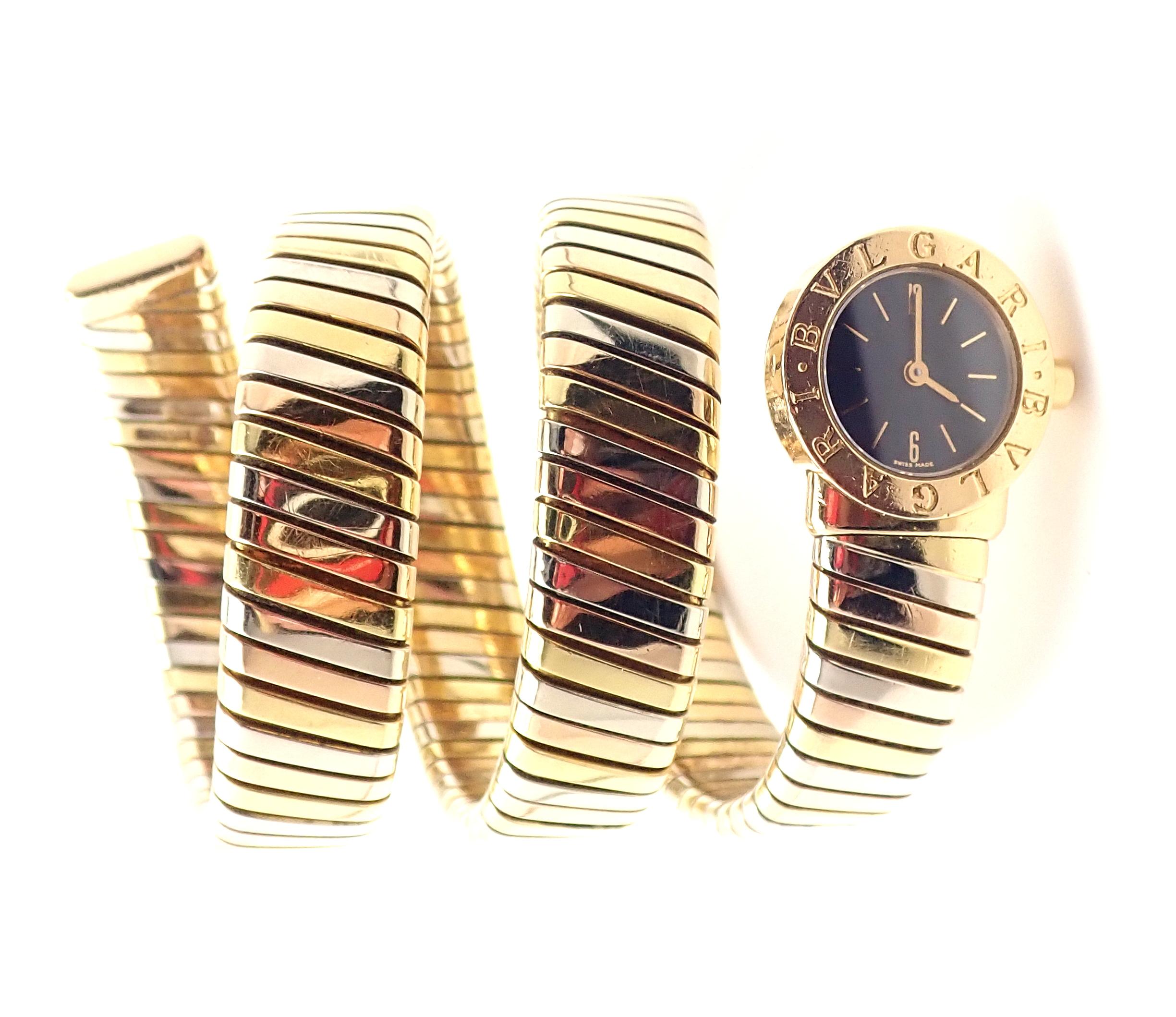 Bulgari lady's 18k tri-color gold Tubogas Serpent Snake bracelet watch. 
Details:
Model: BB191T
Movement Type: Quartz
Case Size: 3/4