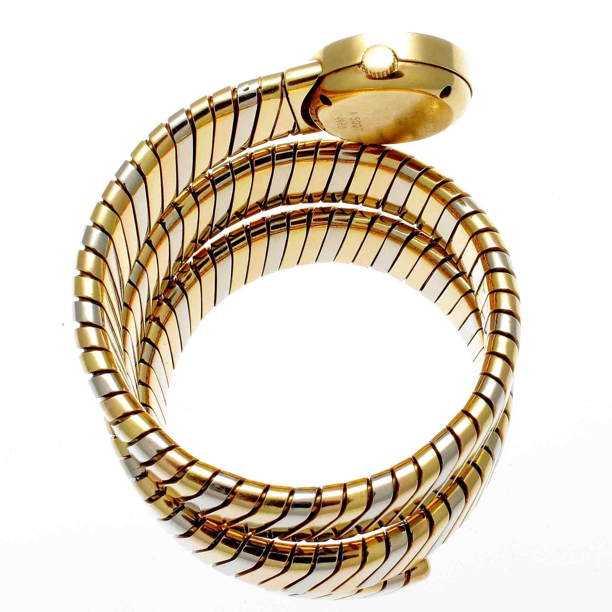 One of the most recognizable and stylish collections from the Italian jewelry house, Bulgari. Designed with rolling contours of glistening tricolor 18k gold. Signed Bvglari.