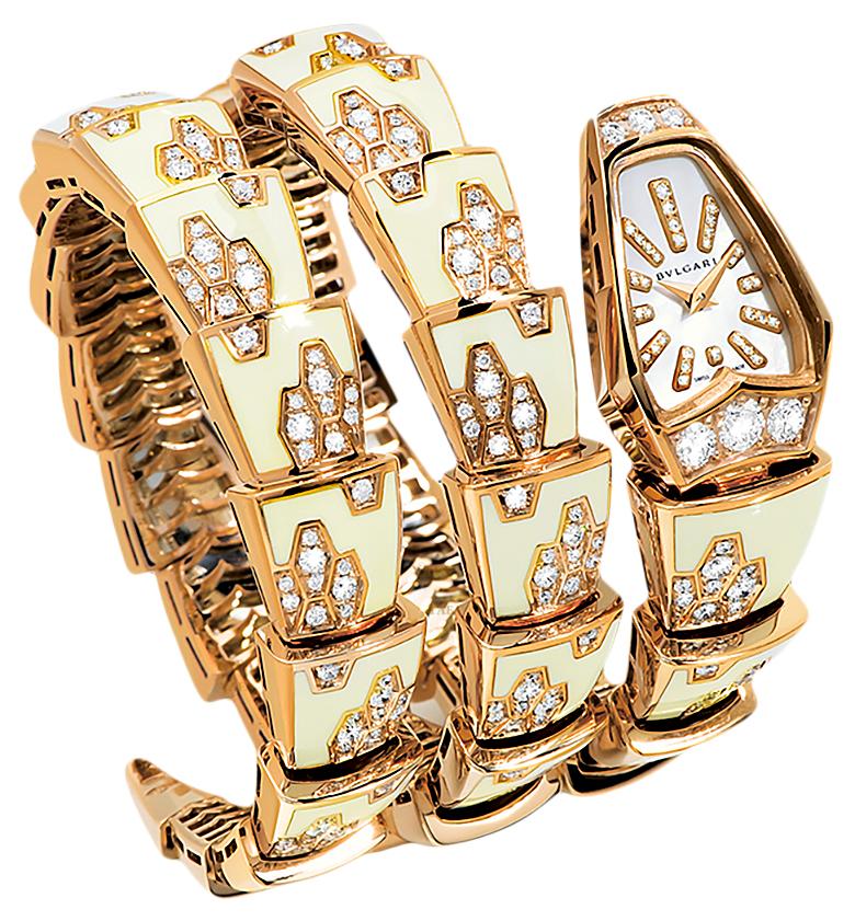Bulgari Ladies Diamond Mother of Pearl Yellow Gold Serpenti Quartz Wristwatch