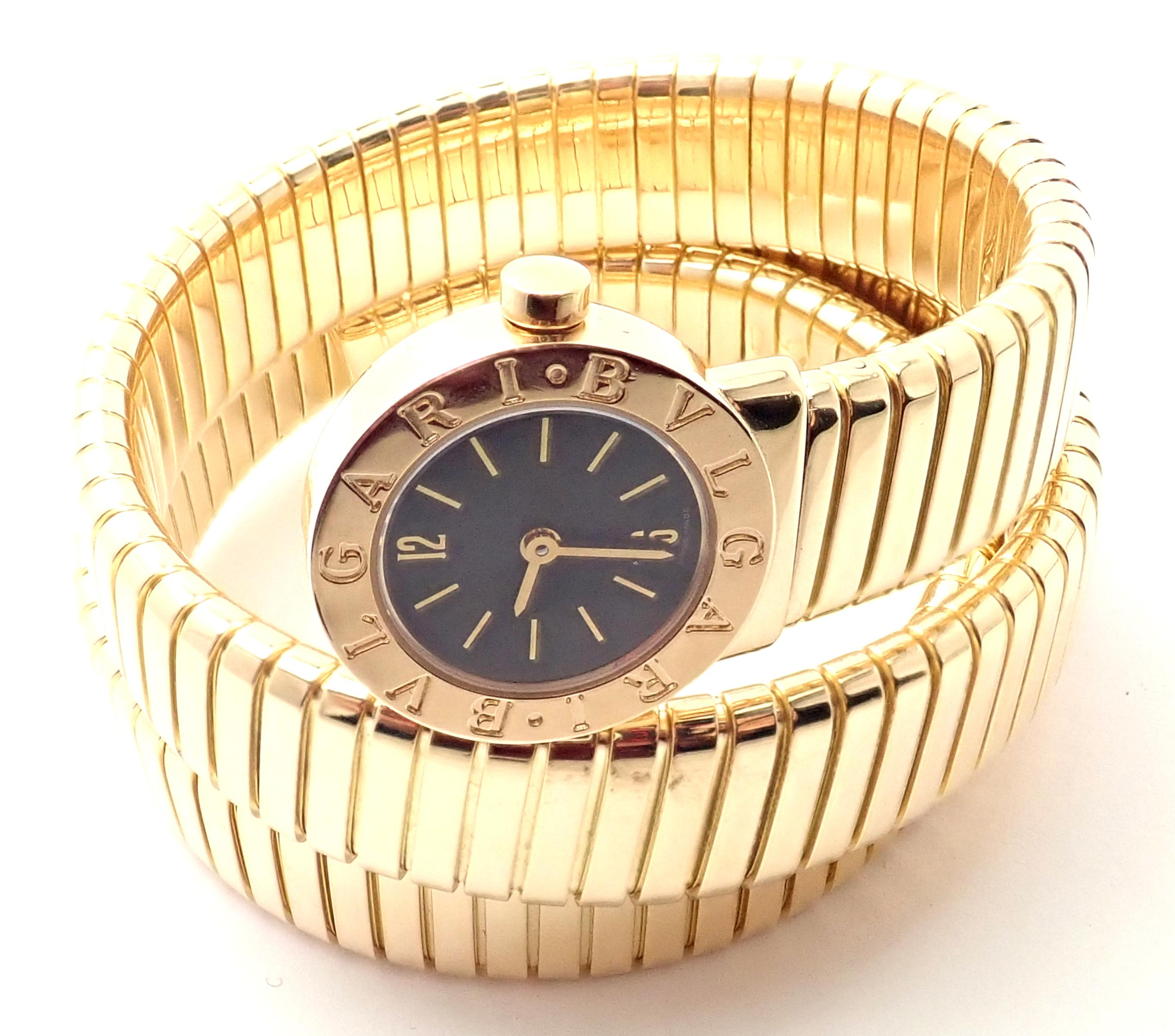 Bulgari lady's 18k yellow gold Tubogas Serpent Snake bracelet watch. 
Details:
Model: BB191T
Movement Type: Quartz
Case Size: 3/4